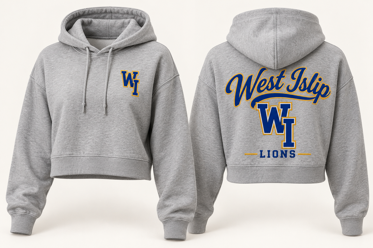 Heather Gray West Islip Lions women's collegiate crop hoodie front and back