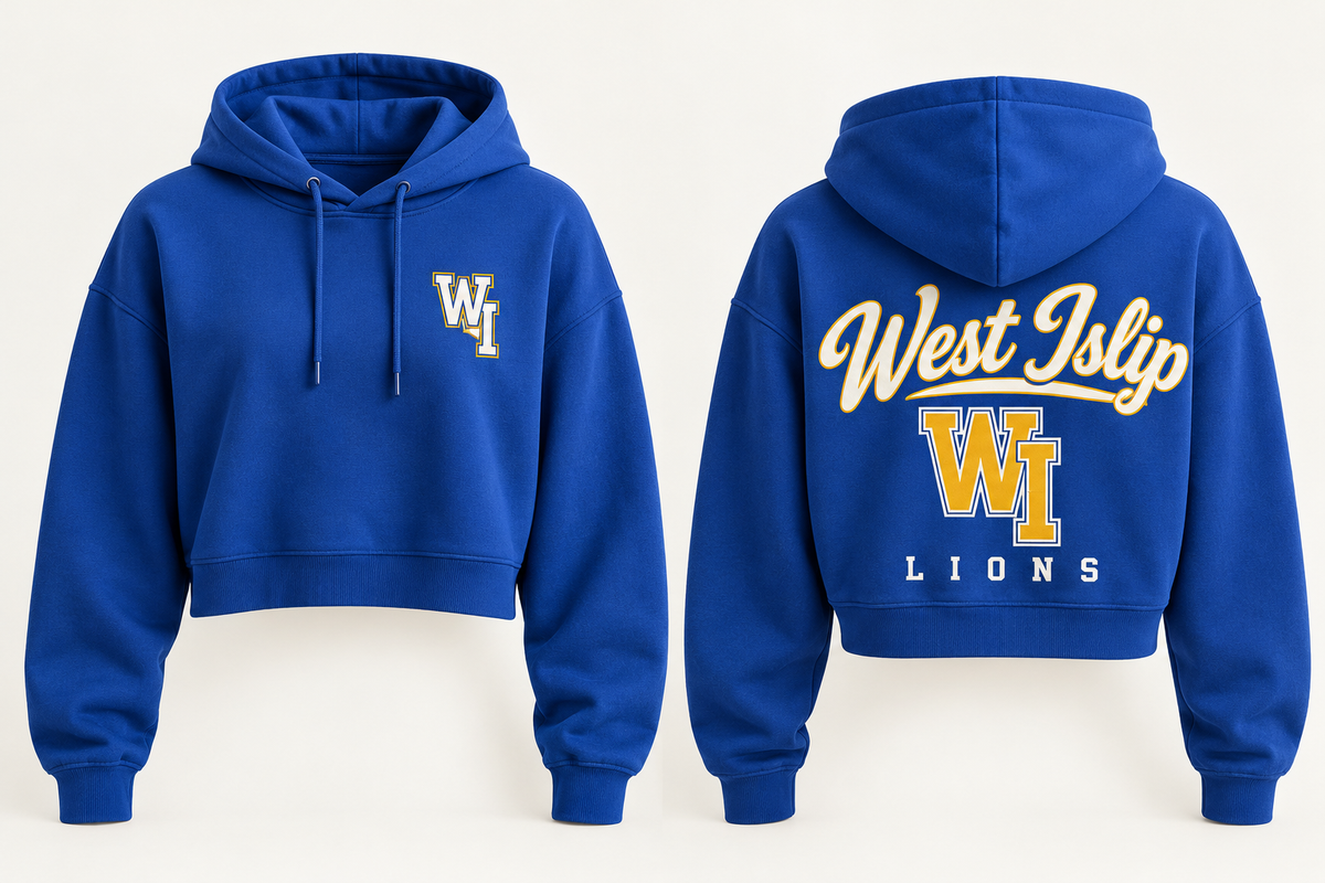 Royal Blue West Islip Lions women's collegiate crop hoodie front and back