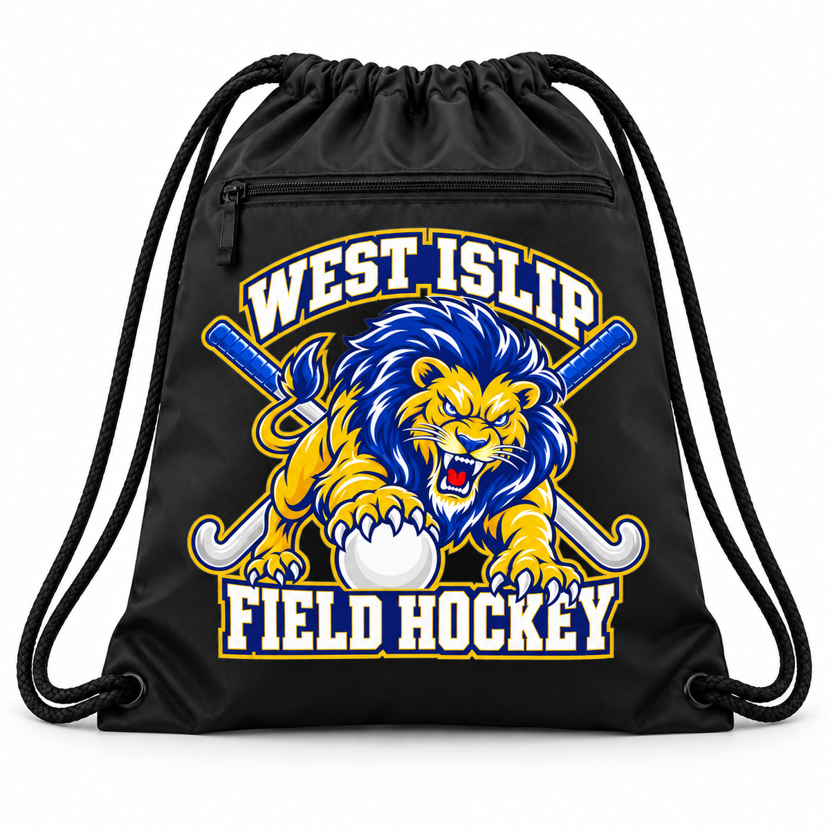 West Islip Field Hockey Pounce Lion Zip-Pocket Drawstring Bag in Black