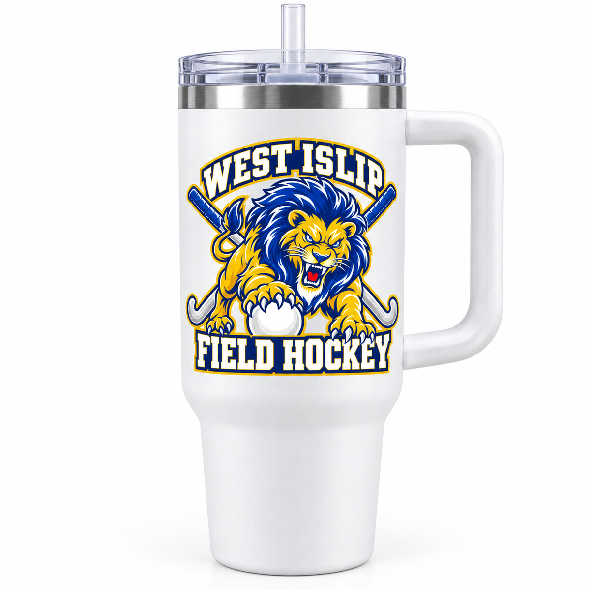 West Islip Field Hockey Pounce Lion 40 oz Handled Tumbler in White