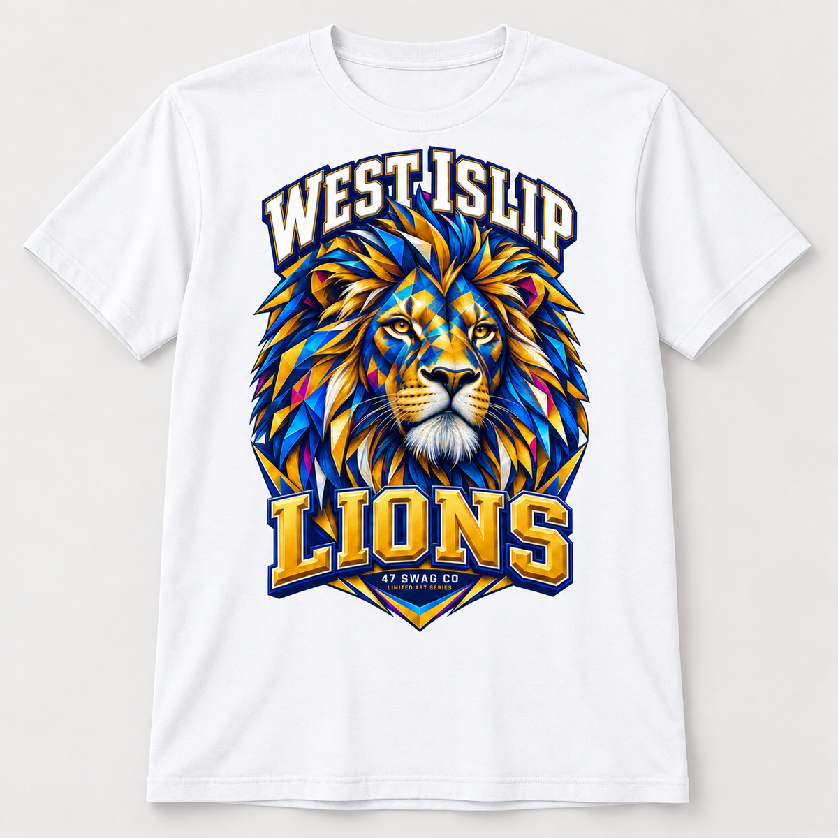 West Islip Kaleidoscope Mural Lion Premium Tee in white, front view
