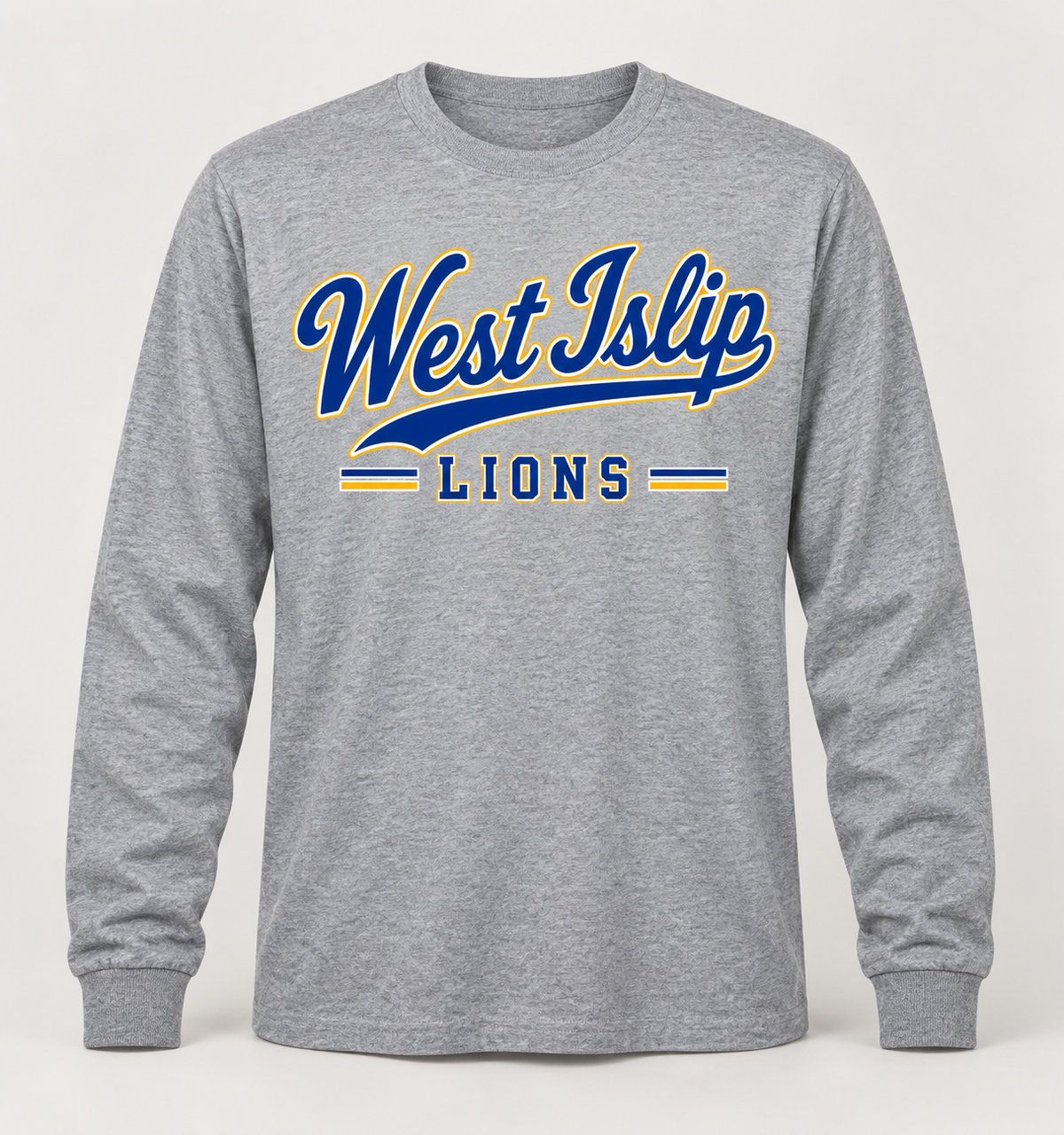 West Islip Lions Heritage Script Long Sleeve Tee in Heather Gray — front view