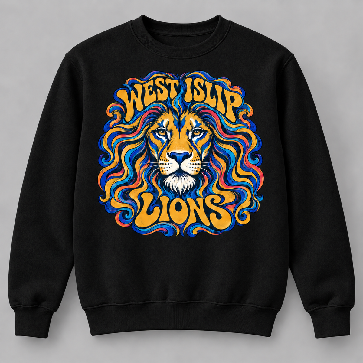 West Islip Lions Psychedelic Mane Crewneck Sweatshirt in Black