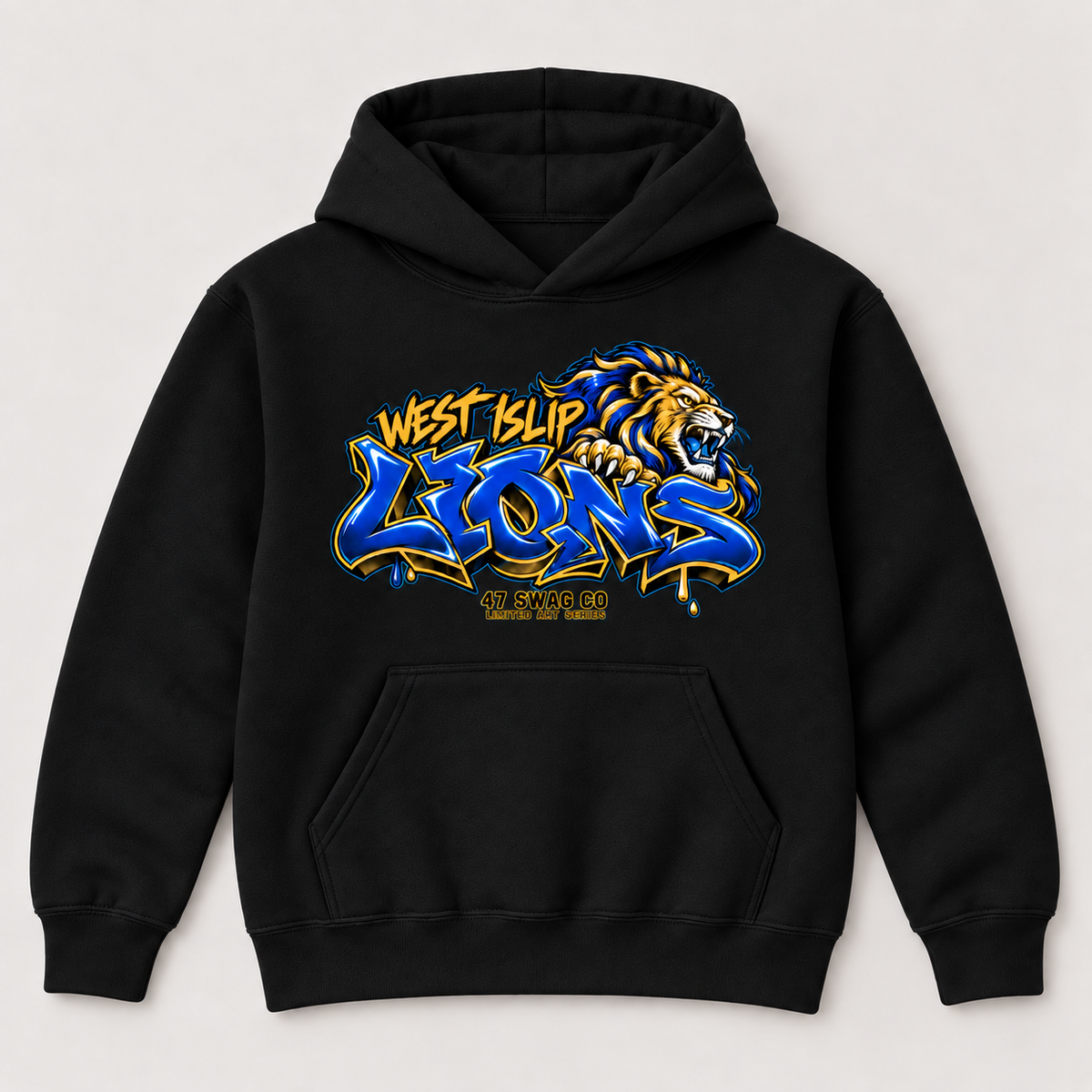 West Islip NYC Wildstyle Lions youth hoodie in black, no drawcords
