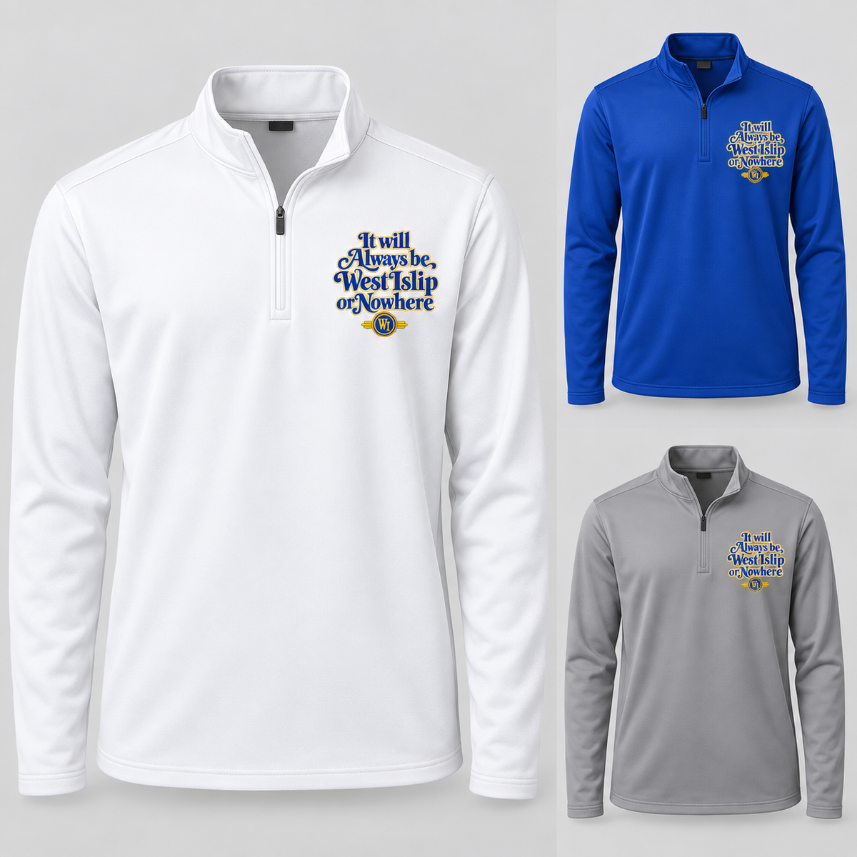 West Islip or Nowhere Always Script Performance Quarter-Zip; Grey Concrete, True Royal, White; product comparison views