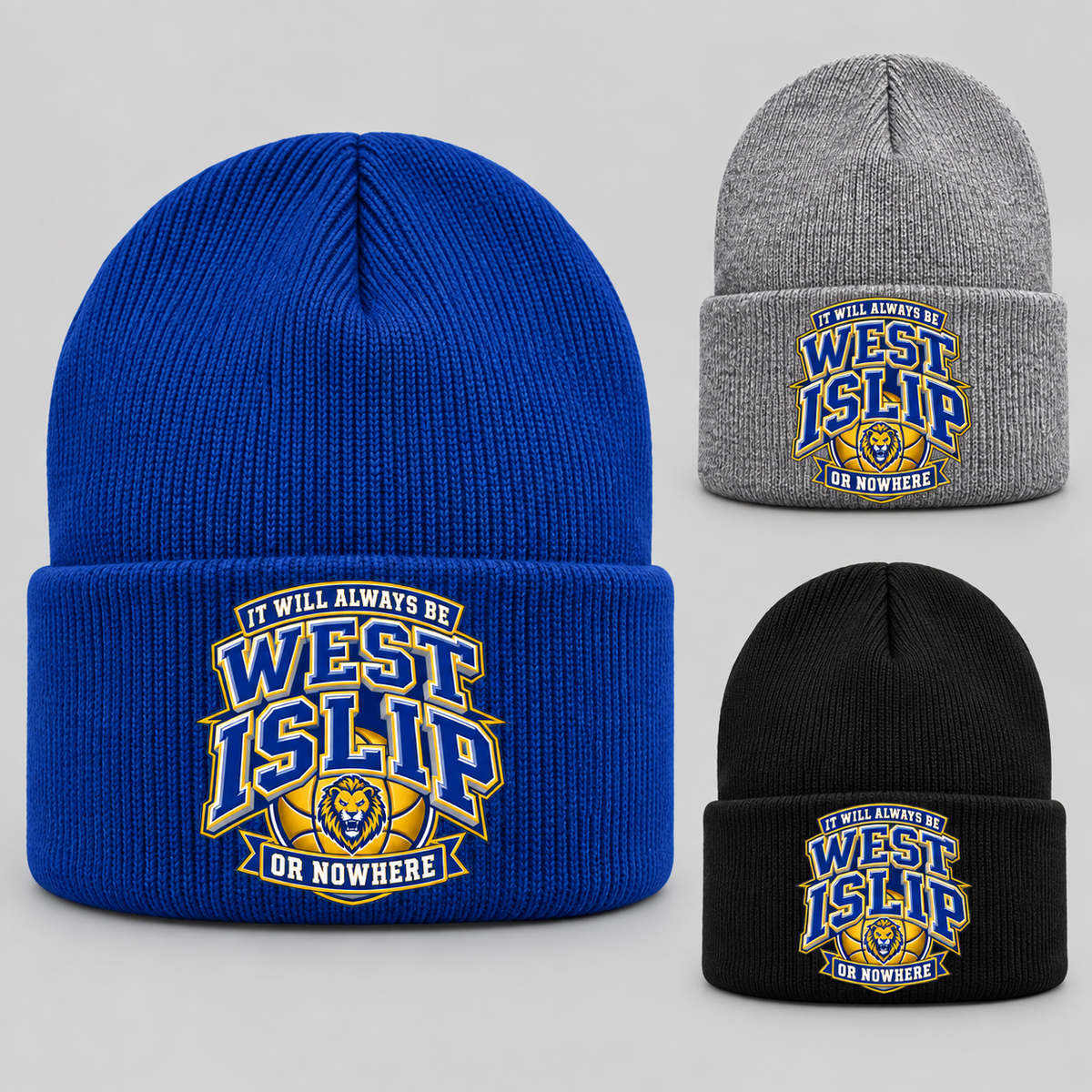 West Islip or Nowhere Courtside Crest Cuffed Beanie; Royal Blue, Heather Gray, Black; product comparison views
