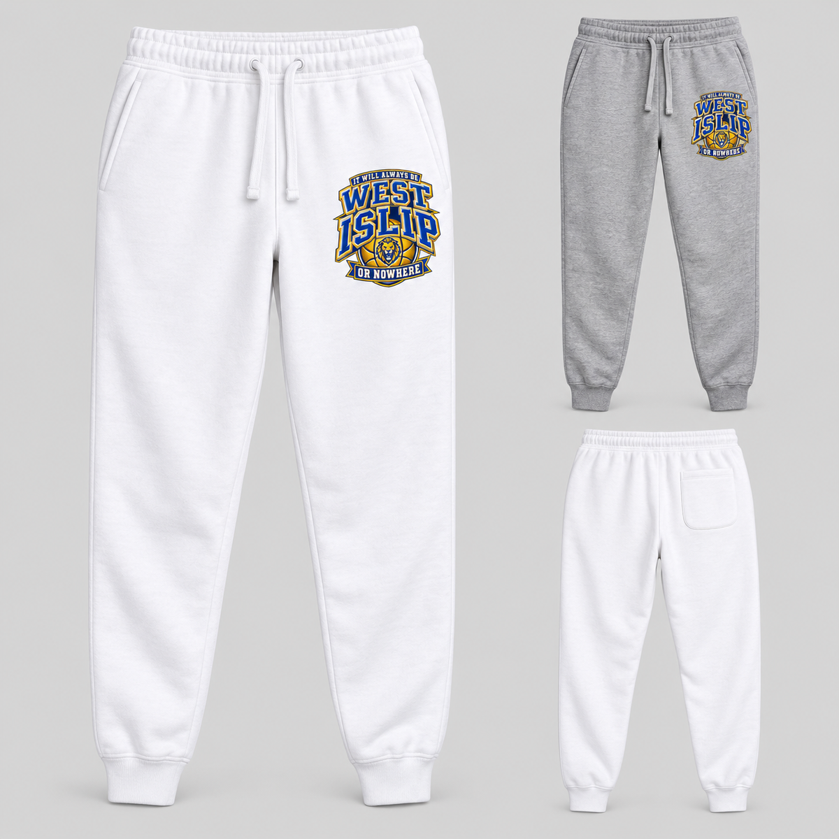 West Islip or Nowhere Courtside Crest Joggers; Heather Gray, White; product comparison views