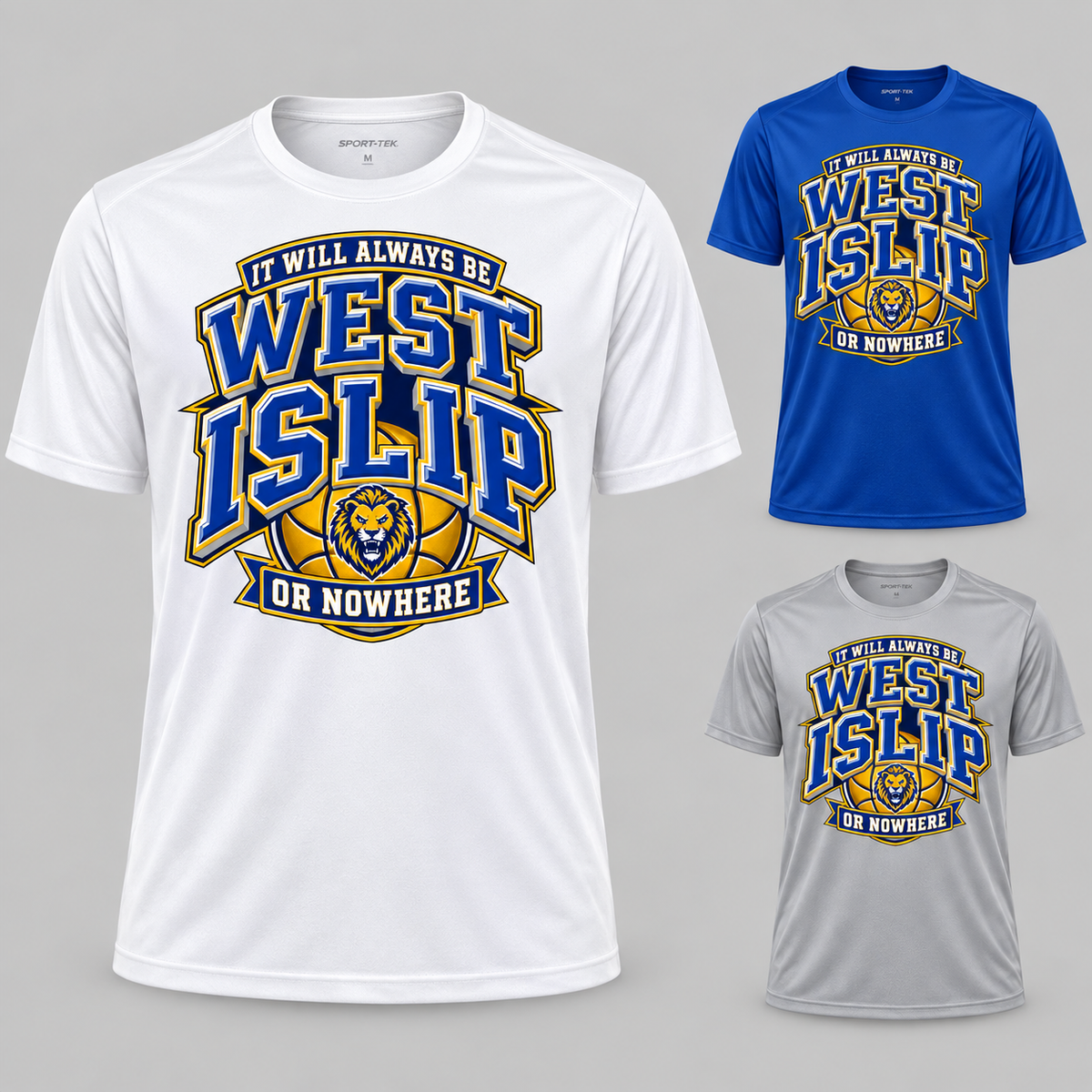 West Islip or Nowhere Courtside Crest Performance Tee; Silver, True Royal, White; product comparison views