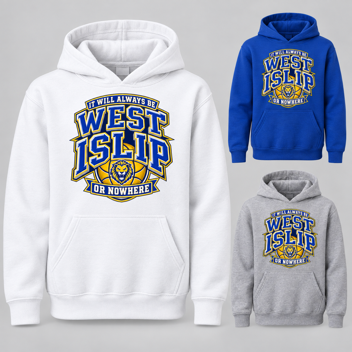 West Islip or Nowhere Courtside Crest Youth Pullover Hoodie; Royal Blue, Sport Gray, White; product comparison views