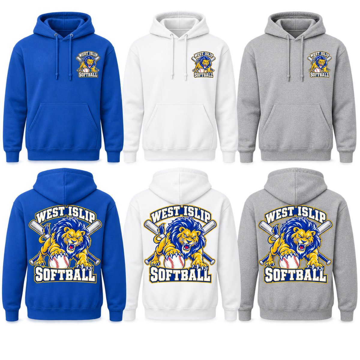 West Islip Softball Pounce Lion Adult Front & Back Hoodie — Royal Blue, White, Heather Gray