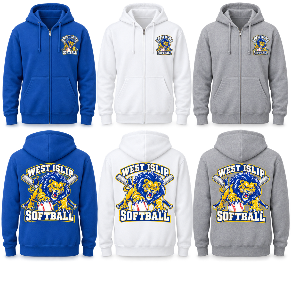 West Islip Softball Pounce Lion Adult Front & Back Zip Hoodie — Royal Blue, White, Heather Gray