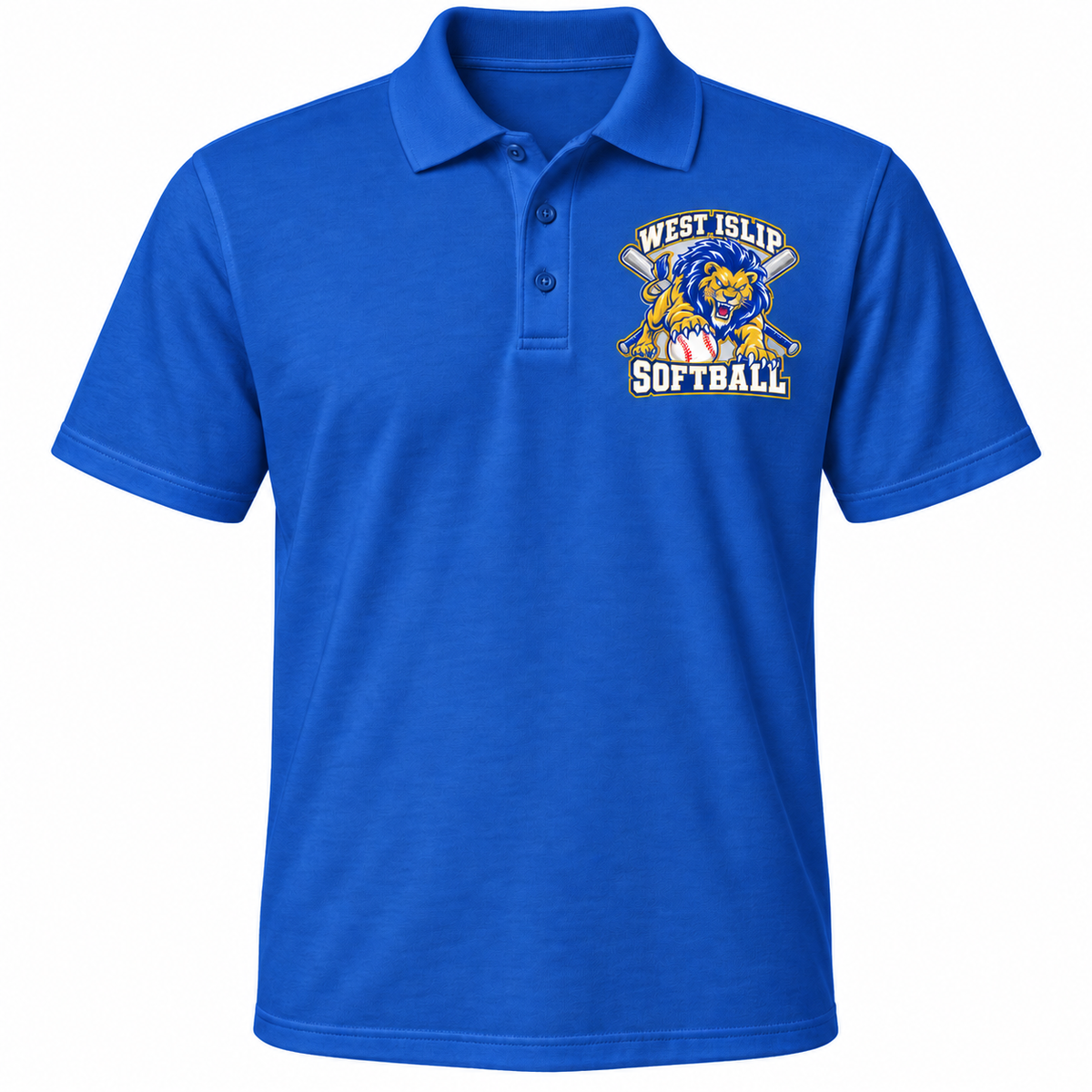 West Islip Softball Pounce Lion Polo in Royal Blue, front view with white softball