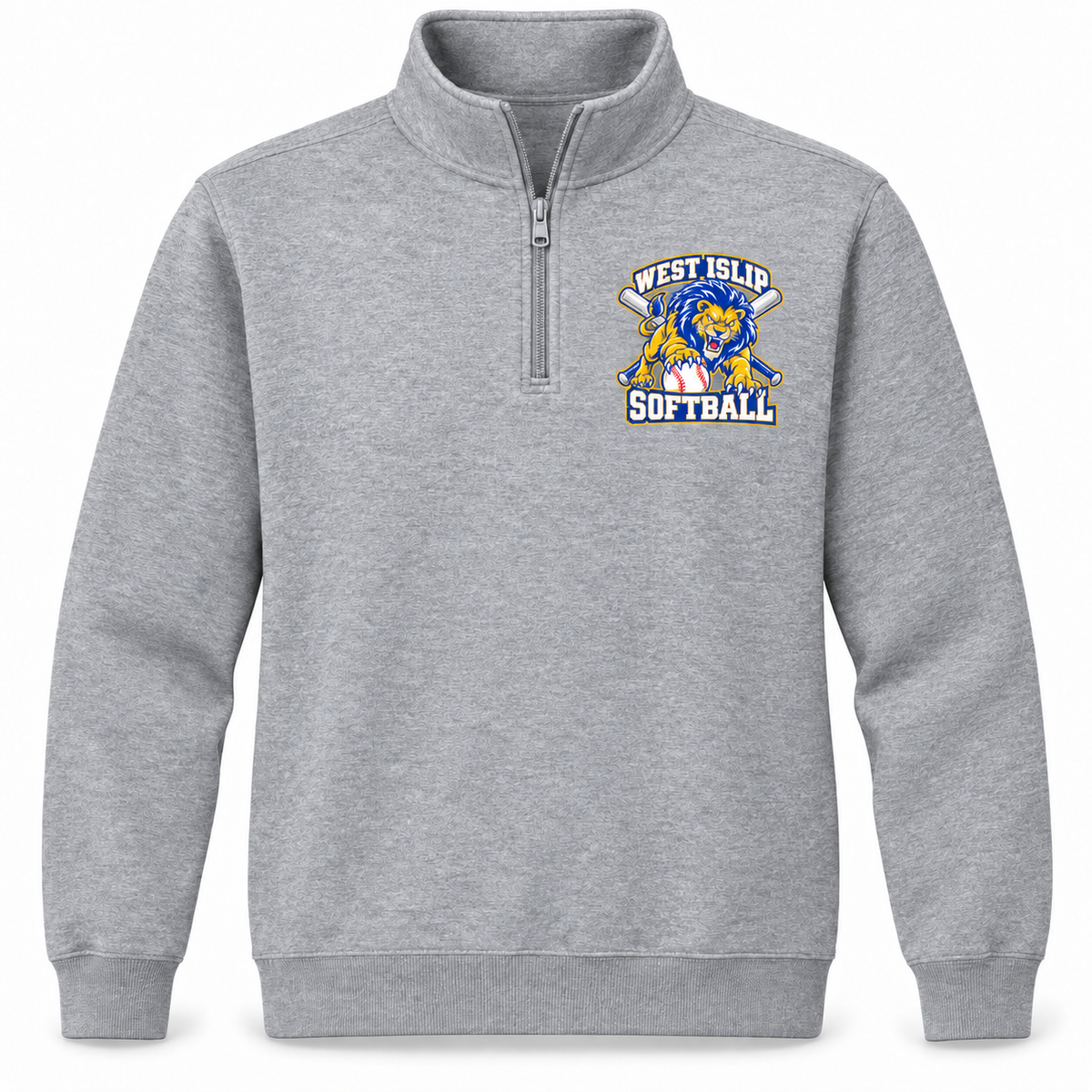 West Islip Softball Pounce Lion Fleece Quarter-Zip in Heather Gray, front view with white softball