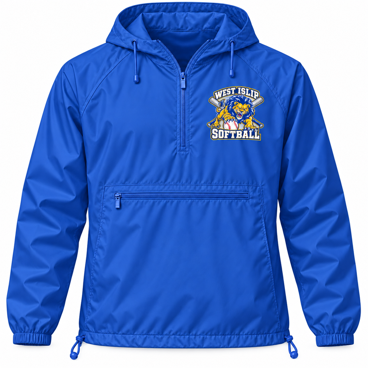 West Islip Softball Pounce Lion Quarter-Zip Windbreaker in Royal Blue, front view with white softball
