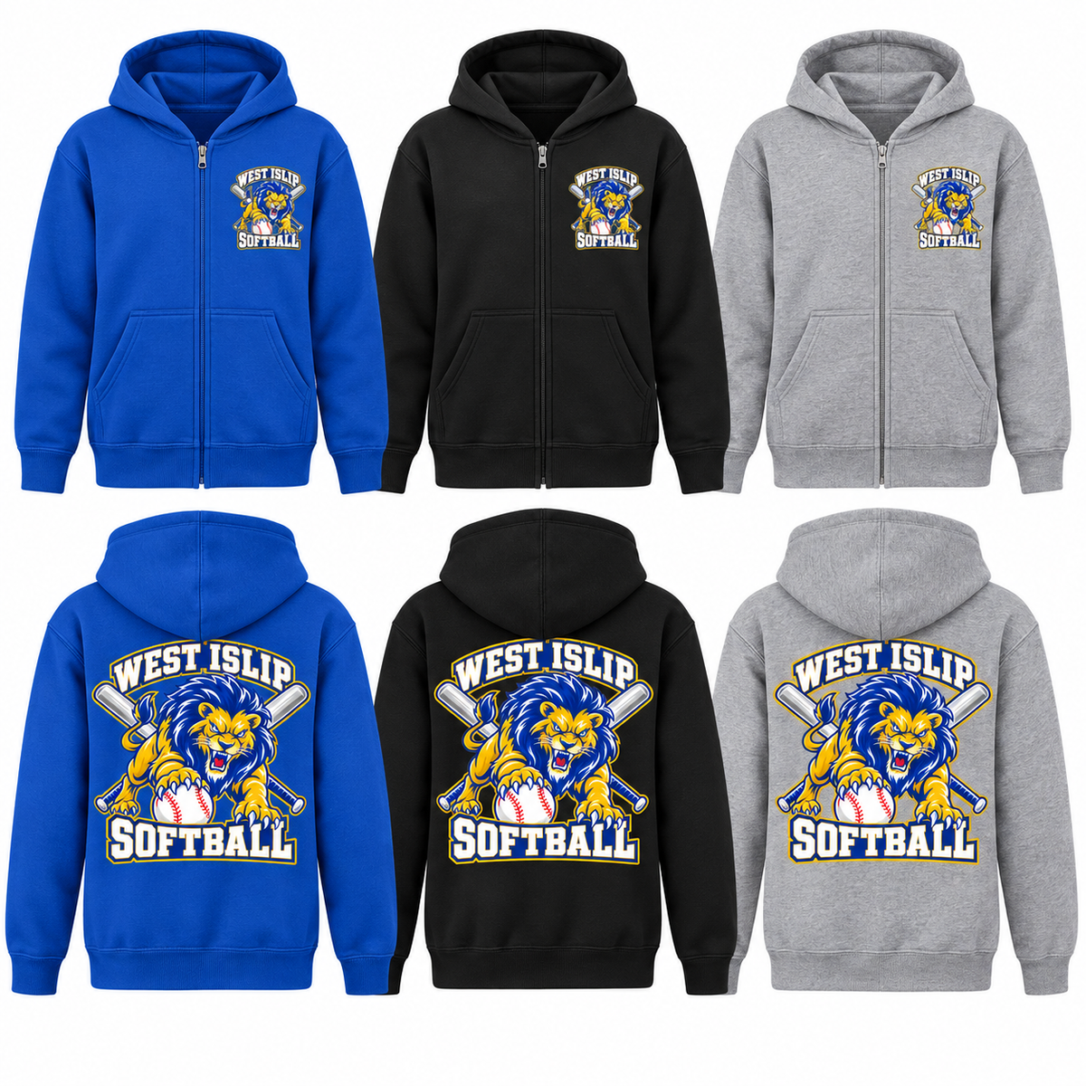 West Islip Softball Pounce Lion Youth Front & Back Zip Hoodie — Royal Blue, Black, Heather Gray