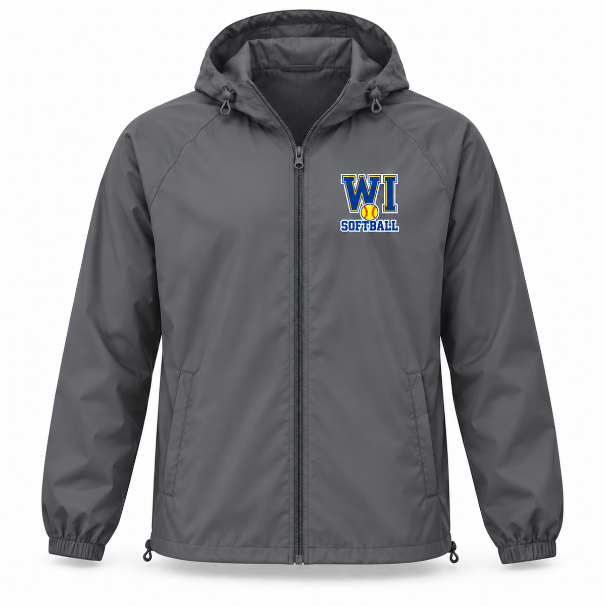 West Islip Softball windbreaker gray front view