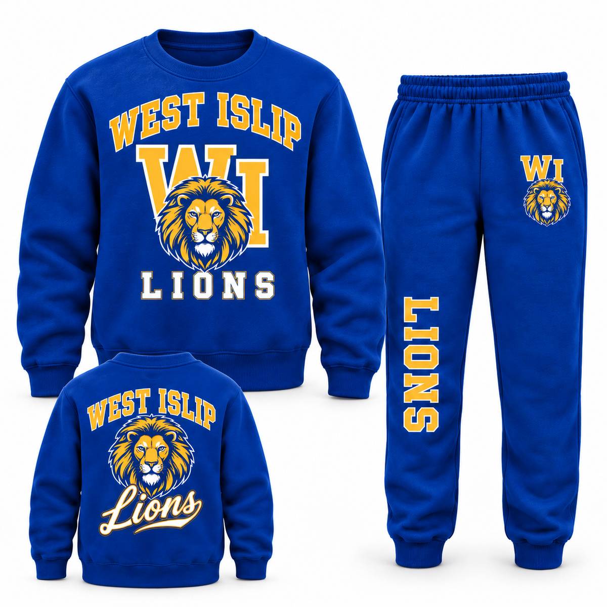 West Islip Lions Youth Varsity Crest Crewneck & Jogger Set - Royal Blue