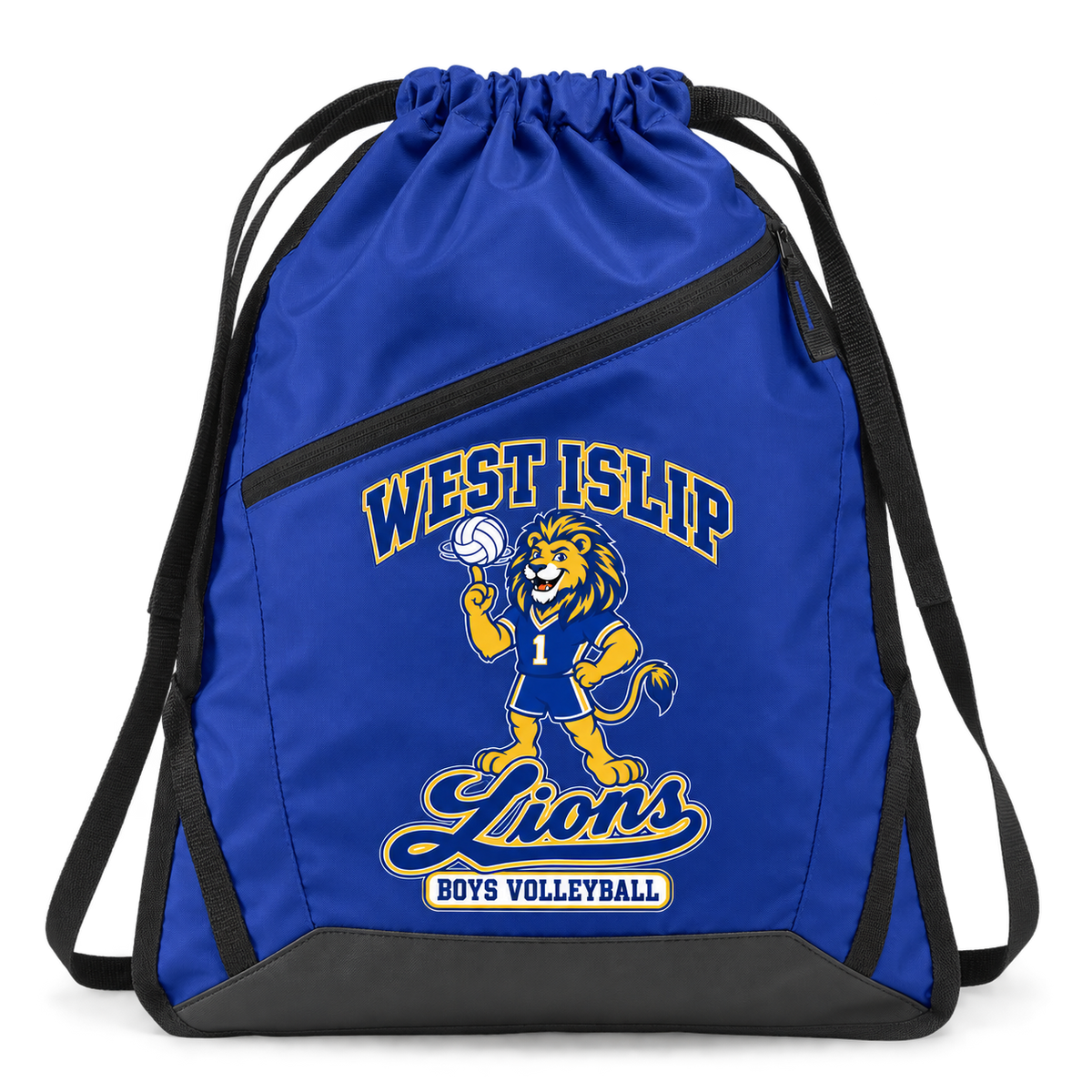 West Islip Boys Volleyball Rally Lion Zip-Pocket Drawstring Bag in True Royal / Black