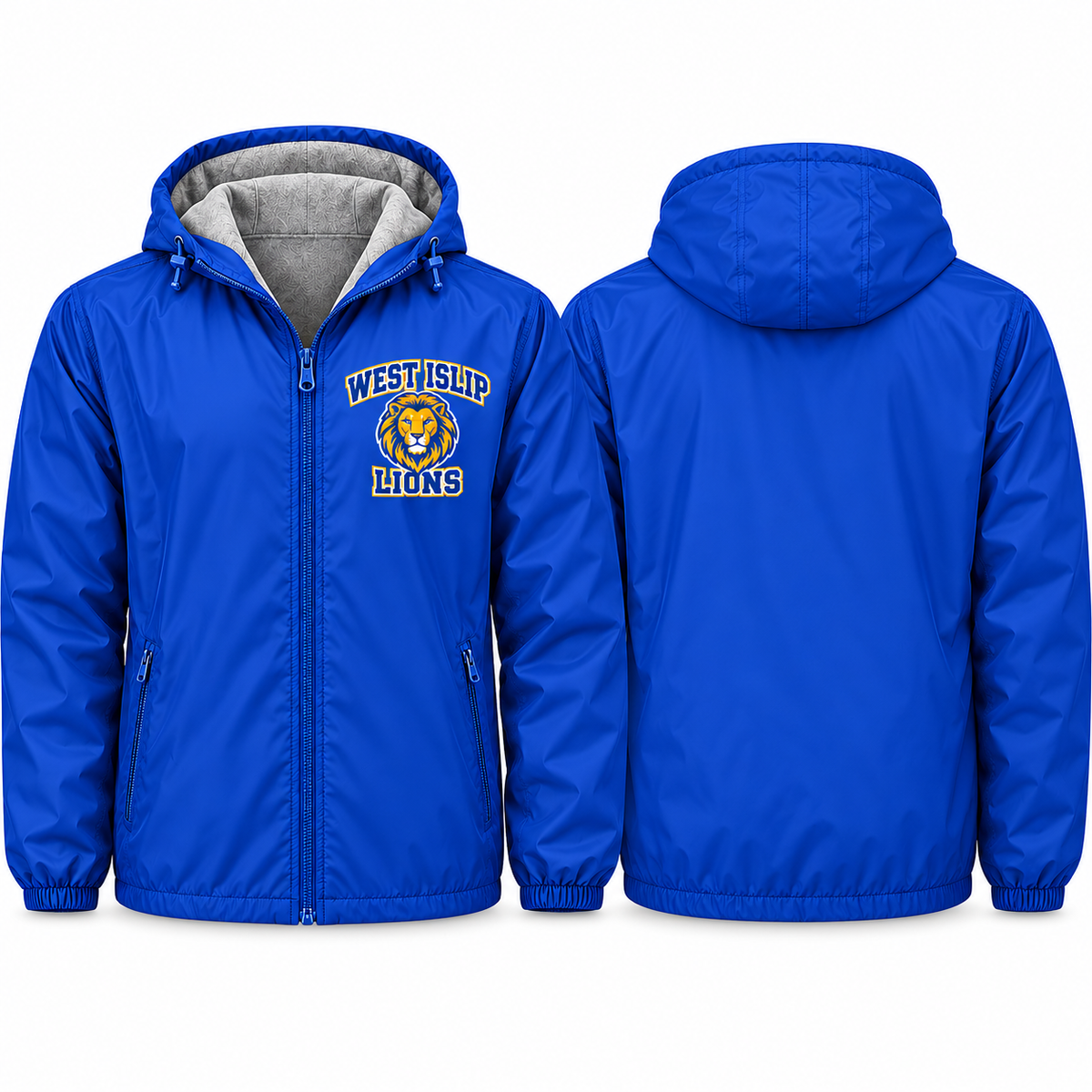 West Islip Lions Collegiate Crest Adult Unisex Fleece-Lined Hooded Jacket in royal blue, front and back