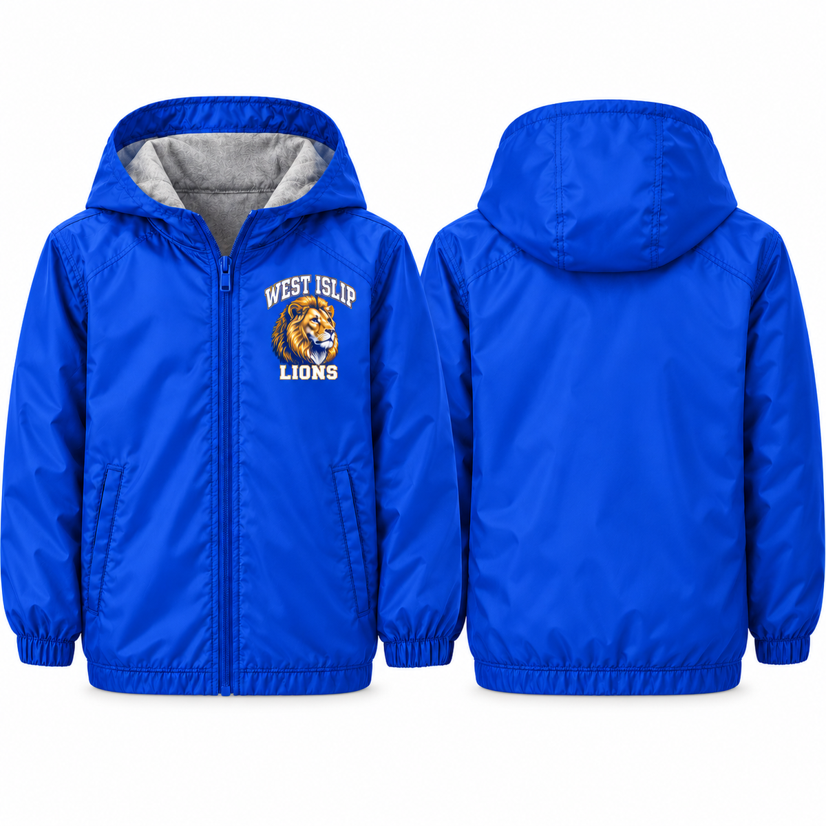 West Islip Lions Heritage Lion Youth Fleece-Lined Hooded Jacket in royal blue, front and back