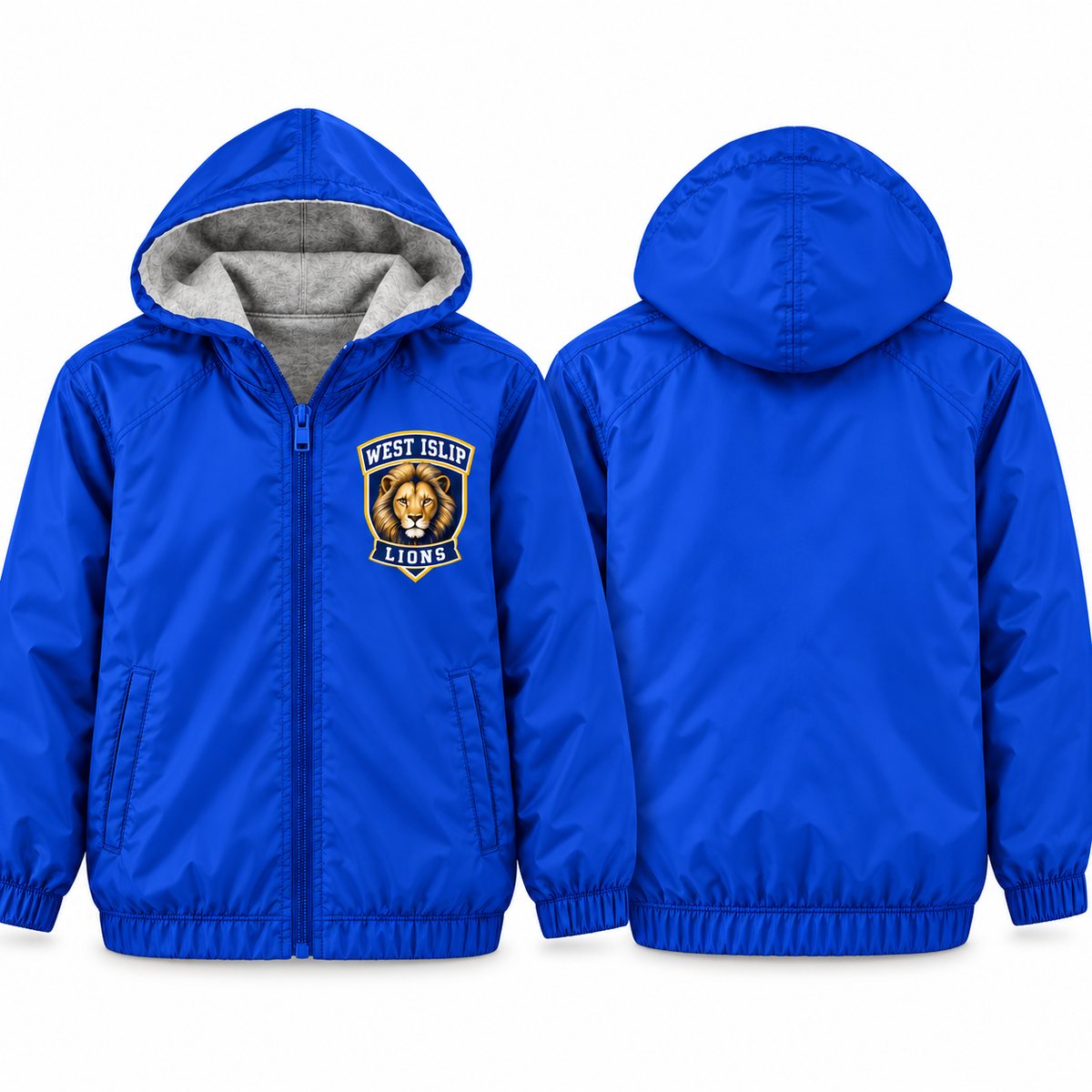 West Islip Lions Varsity Crest Youth Fleece-Lined Hooded Jacket in royal blue, front and back