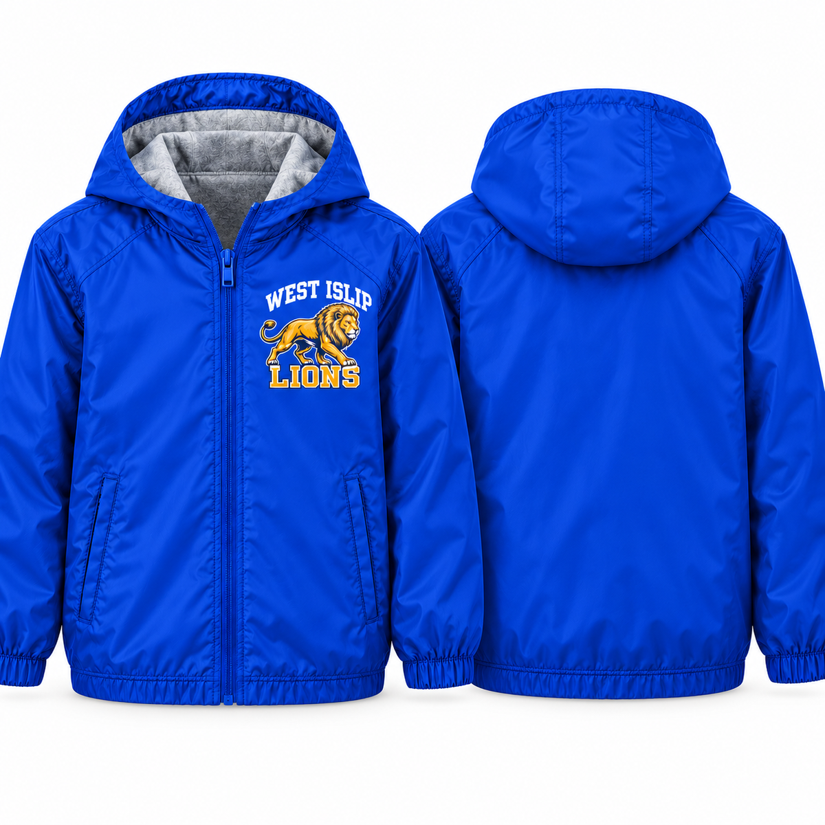 West Islip Lions Prowling Lion Youth Fleece-Lined Hooded Jacket in royal blue, front and back