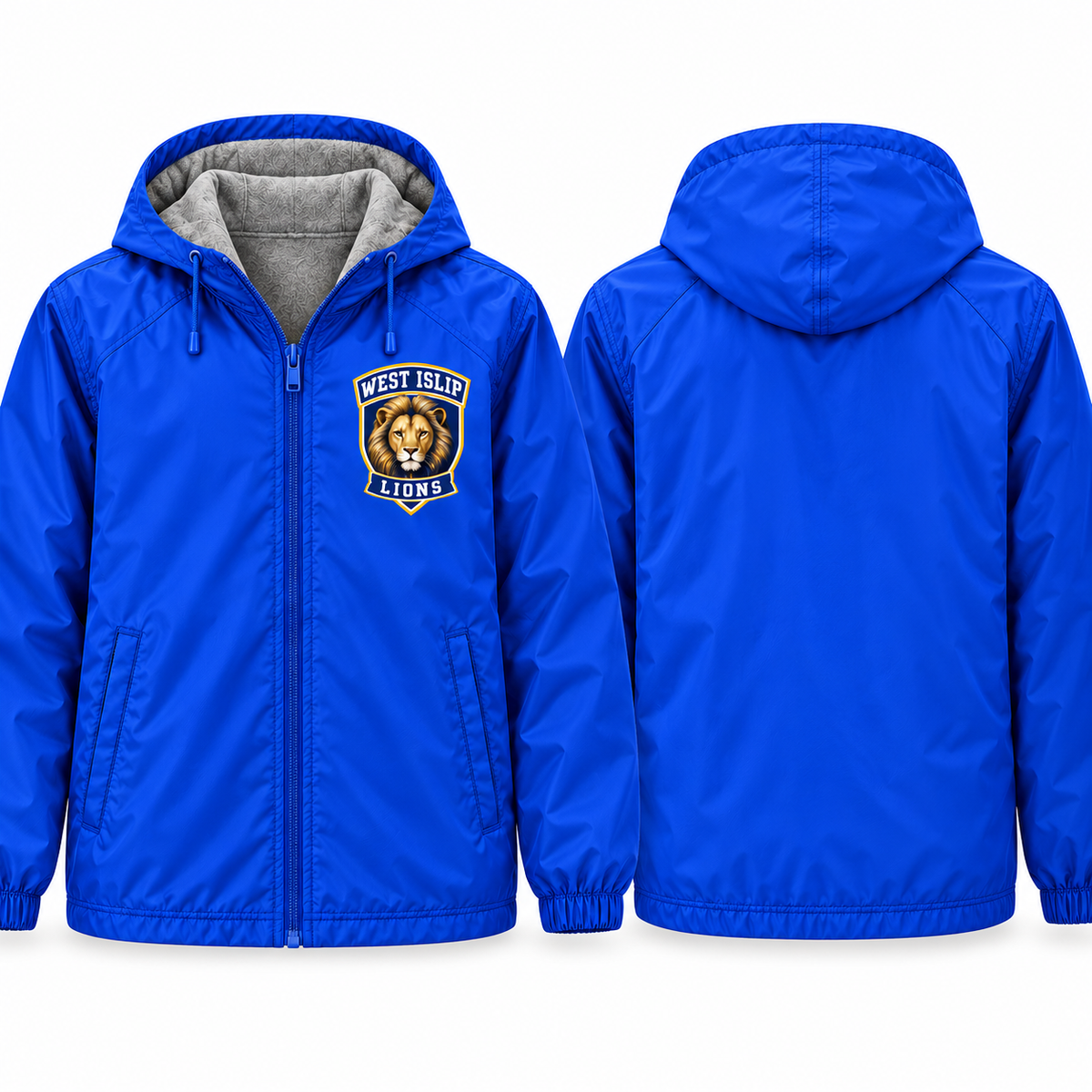 West Islip Lions Varsity Crest Adult Unisex Fleece-Lined Hooded Jacket in royal blue, front and back
