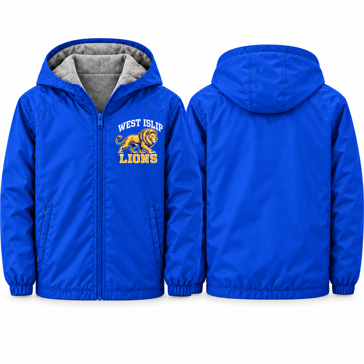 West Islip Lions Prowling Lion Adult Unisex Fleece-Lined Hooded Jacket in royal blue, front and back