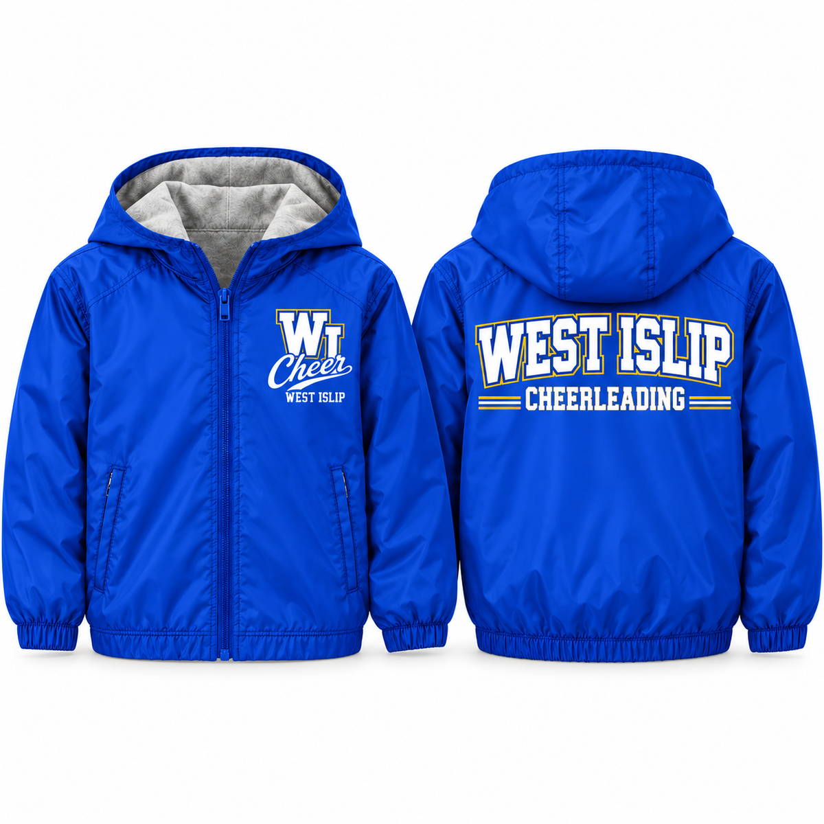 West Islip Cheer Varsity Cheer Youth Fleece-Lined Hooded Jacket in royal blue, front and back