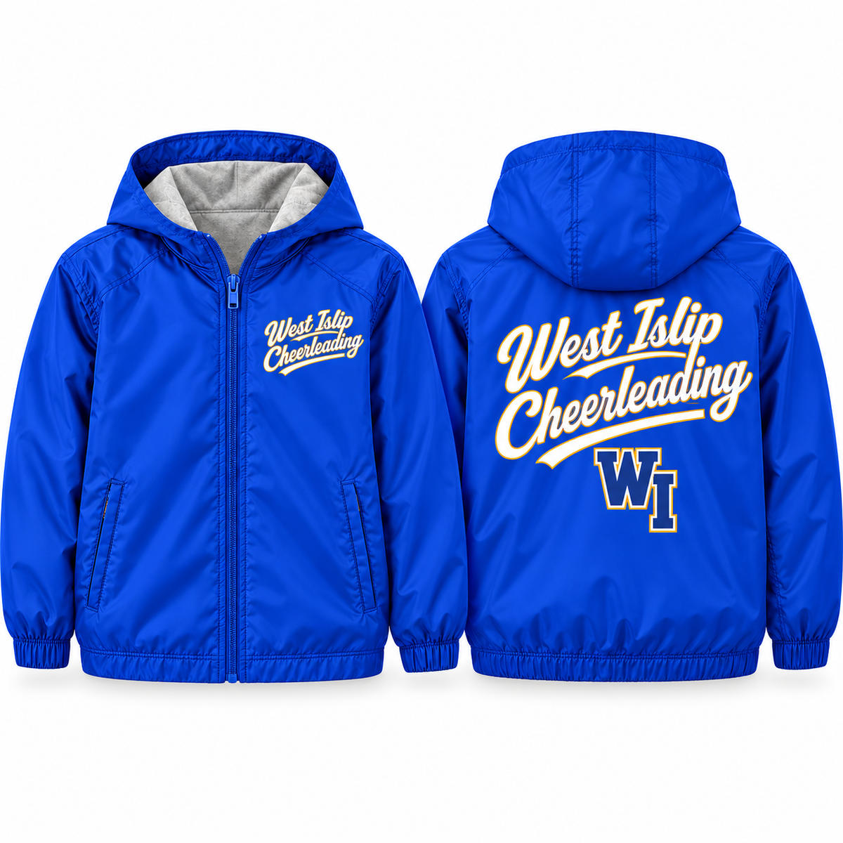 West Islip Cheer Sideline Script Youth Fleece-Lined Hooded Jacket in royal blue, front and back