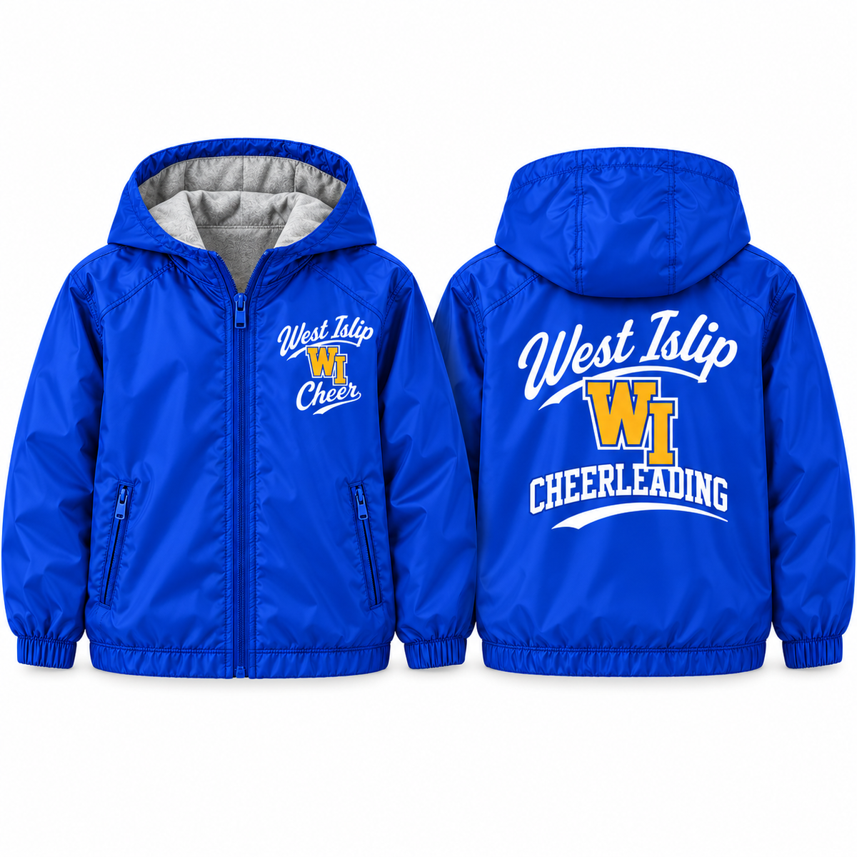 West Islip Cheer Classic Cheer Youth Fleece-Lined Hooded Jacket in royal blue, front and back