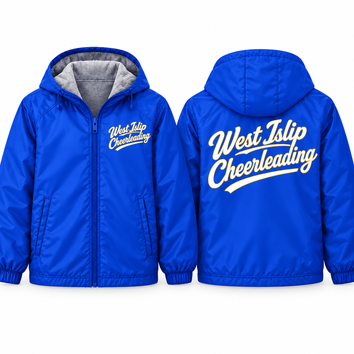 West Islip Cheer Sideline Script Adult Unisex Fleece-Lined Hooded Jacket in royal blue, front and back