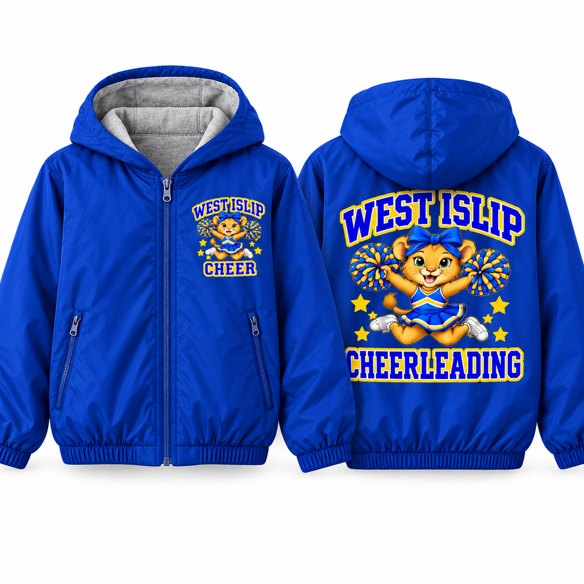West Islip Cheer Jumping Cub Youth Fleece-Lined Hooded Jacket in royal blue, front and back