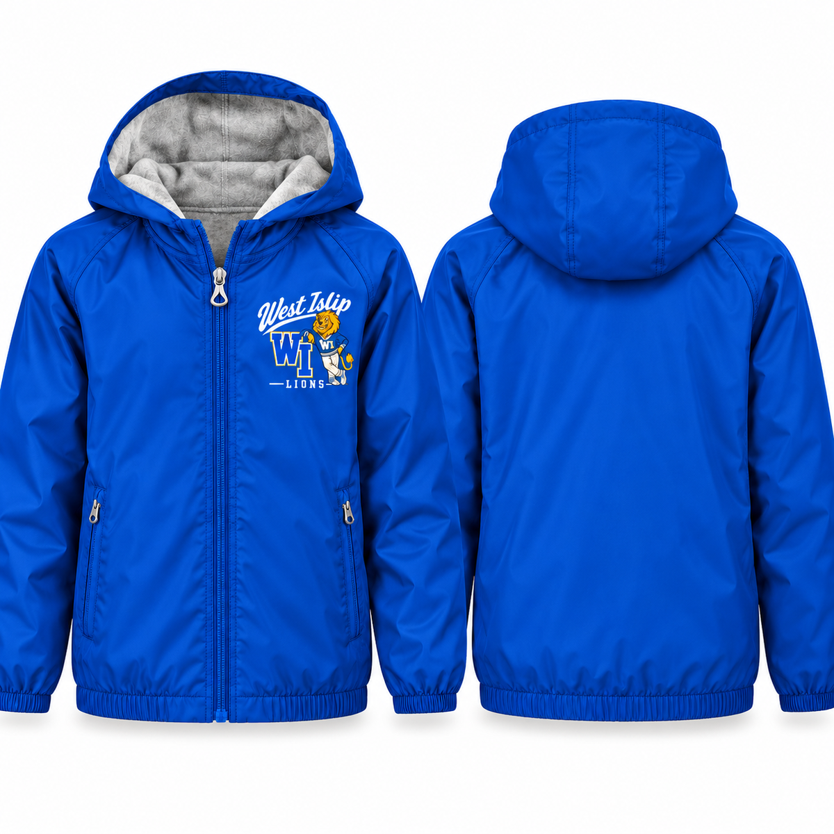 West Islip Lions Heritage Script Youth Fleece-Lined Hooded Jacket in royal blue, front and back