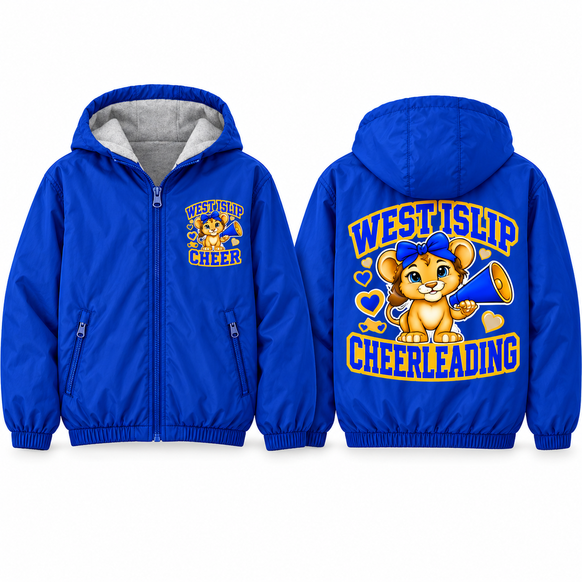 West Islip Cheer Seated Megaphone Cub Youth Fleece-Lined Hooded Jacket in royal blue, front and back