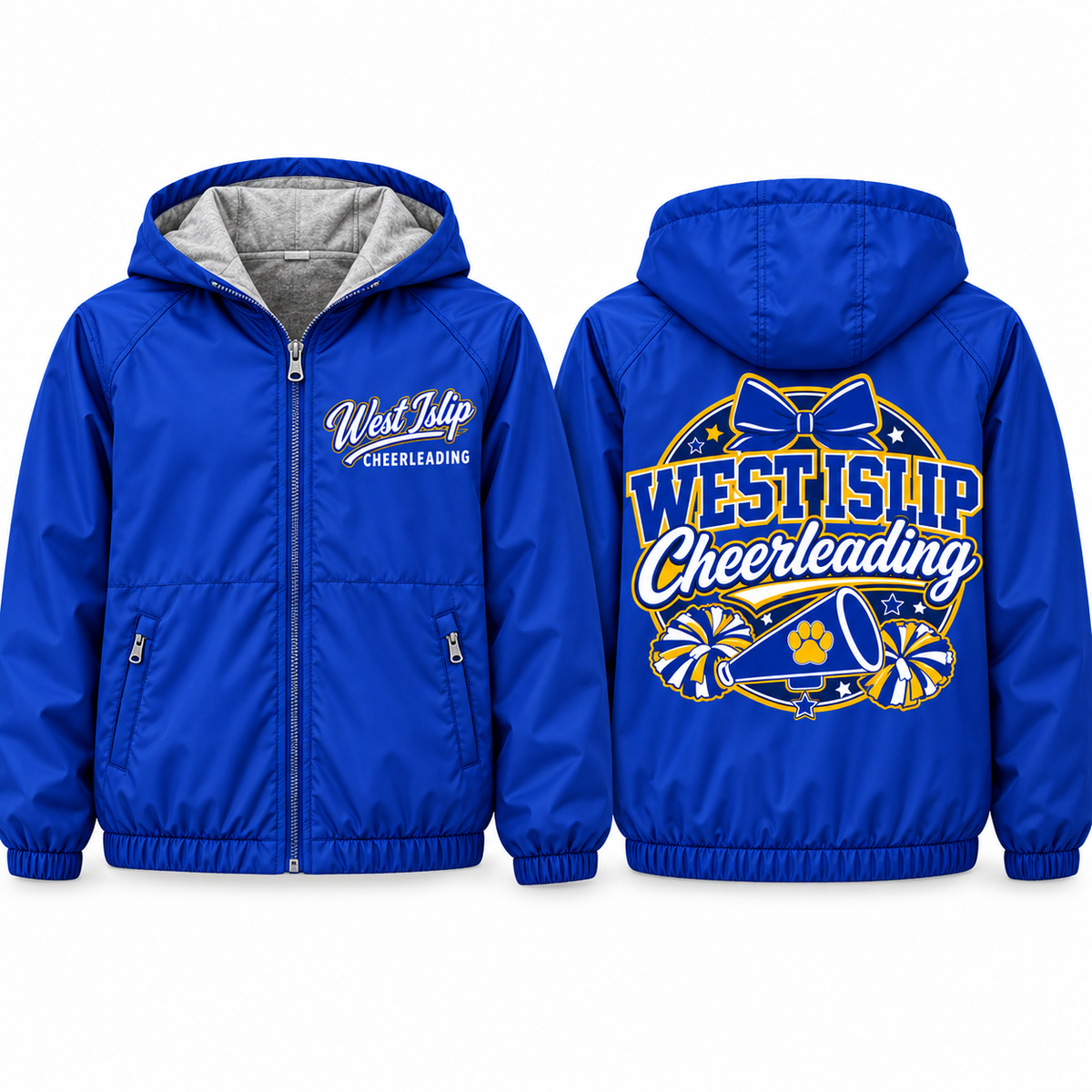 West Islip Cheerleading Bow and Megaphone Youth Fleece-Lined Hooded Jacket in royal blue, front and back