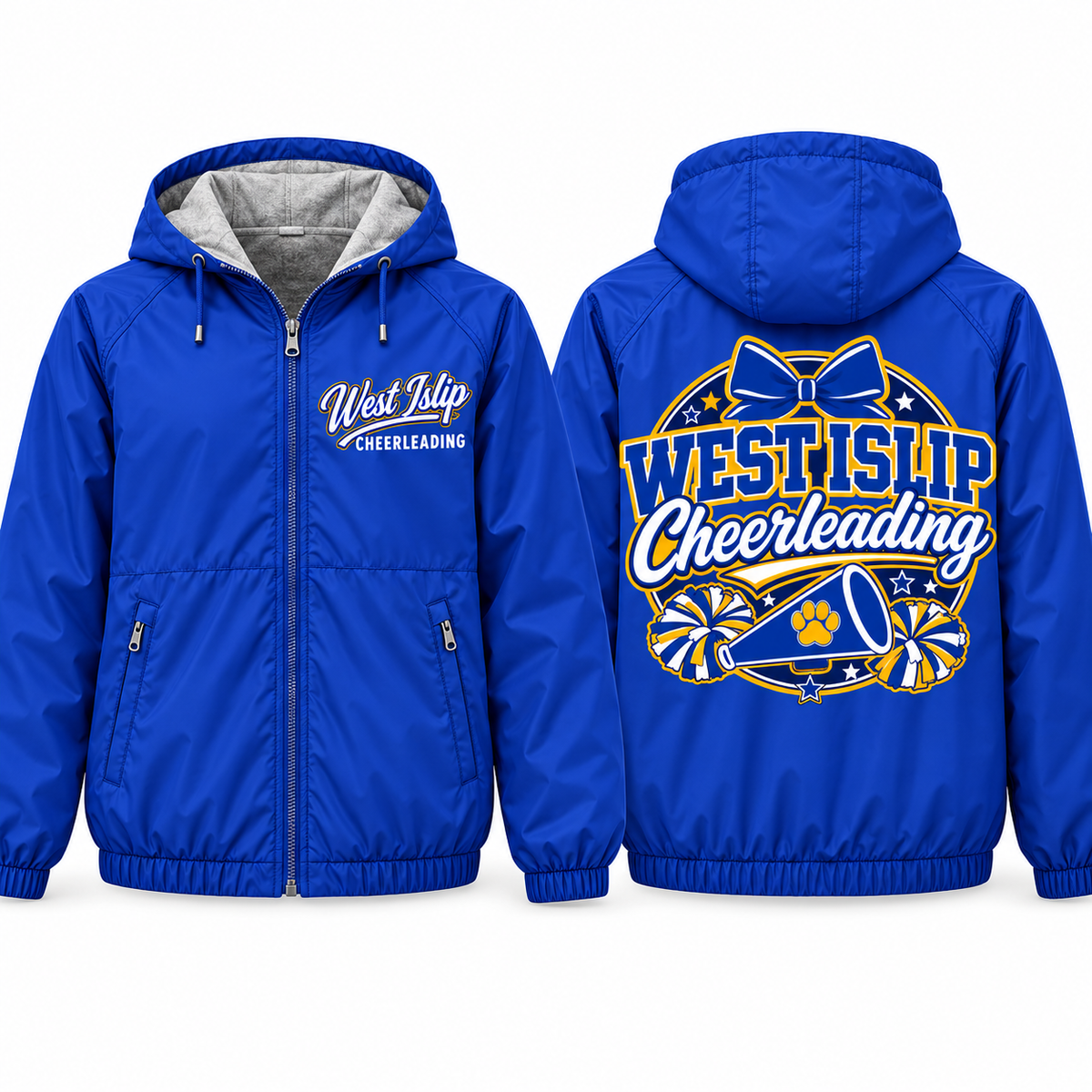 West Islip Cheerleading Bow and Megaphone Adult Unisex Fleece-Lined Hooded Jacket in royal blue, front and back