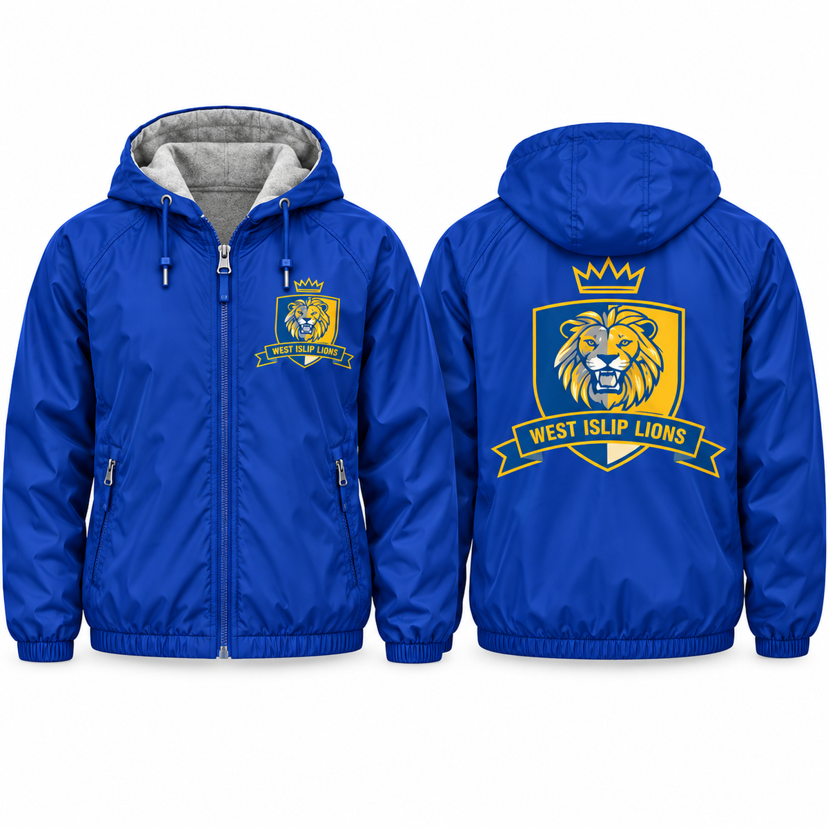 West Islip Lions Crown Shield Adult Unisex Fleece-Lined Hooded Jacket in royal blue, front and back