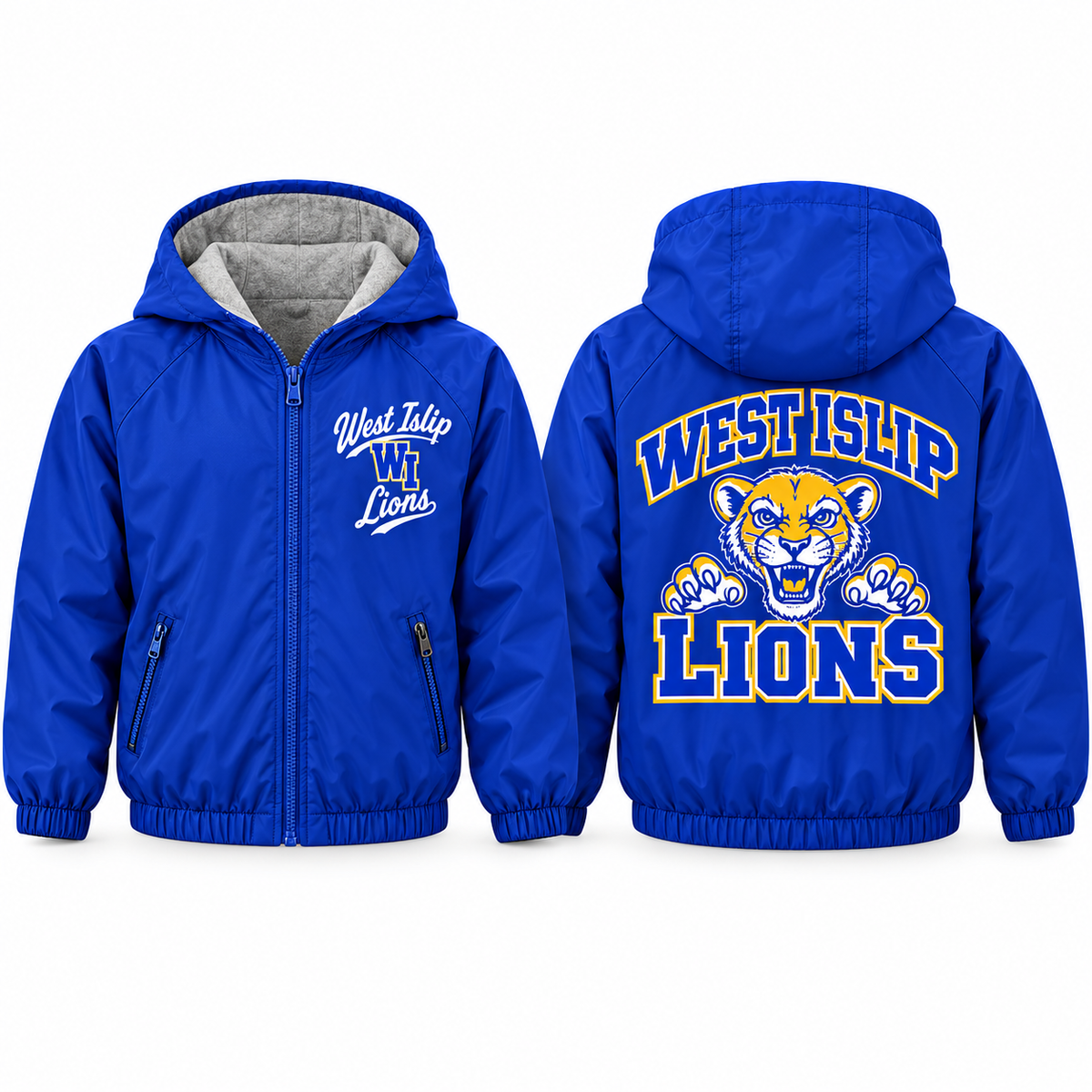 West Islip Lions Collegiate Script Youth Fleece-Lined Hooded Jacket in royal blue, front and back