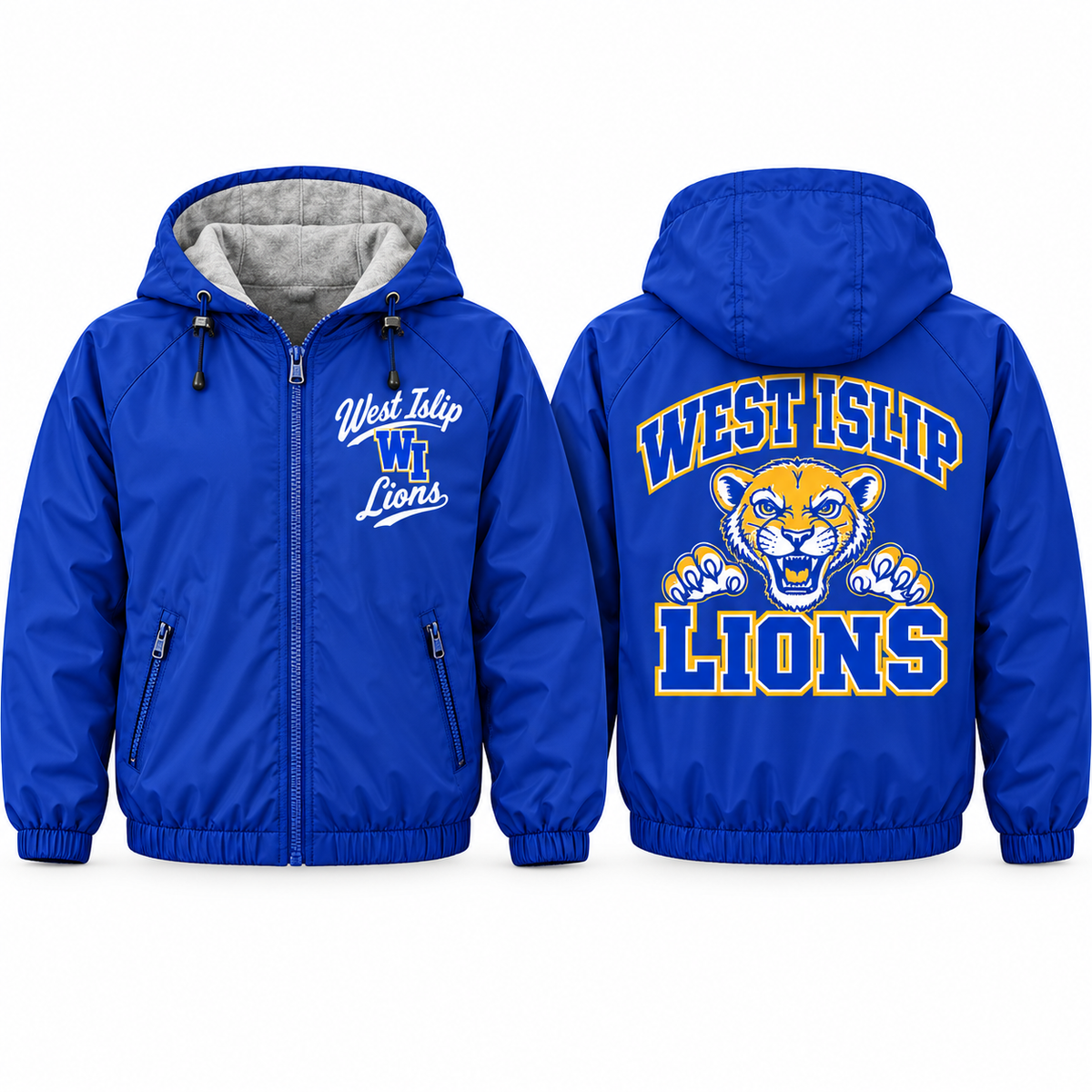 West Islip Lions Collegiate Script Adult Unisex Fleece-Lined Hooded Jacket in royal blue, front and back