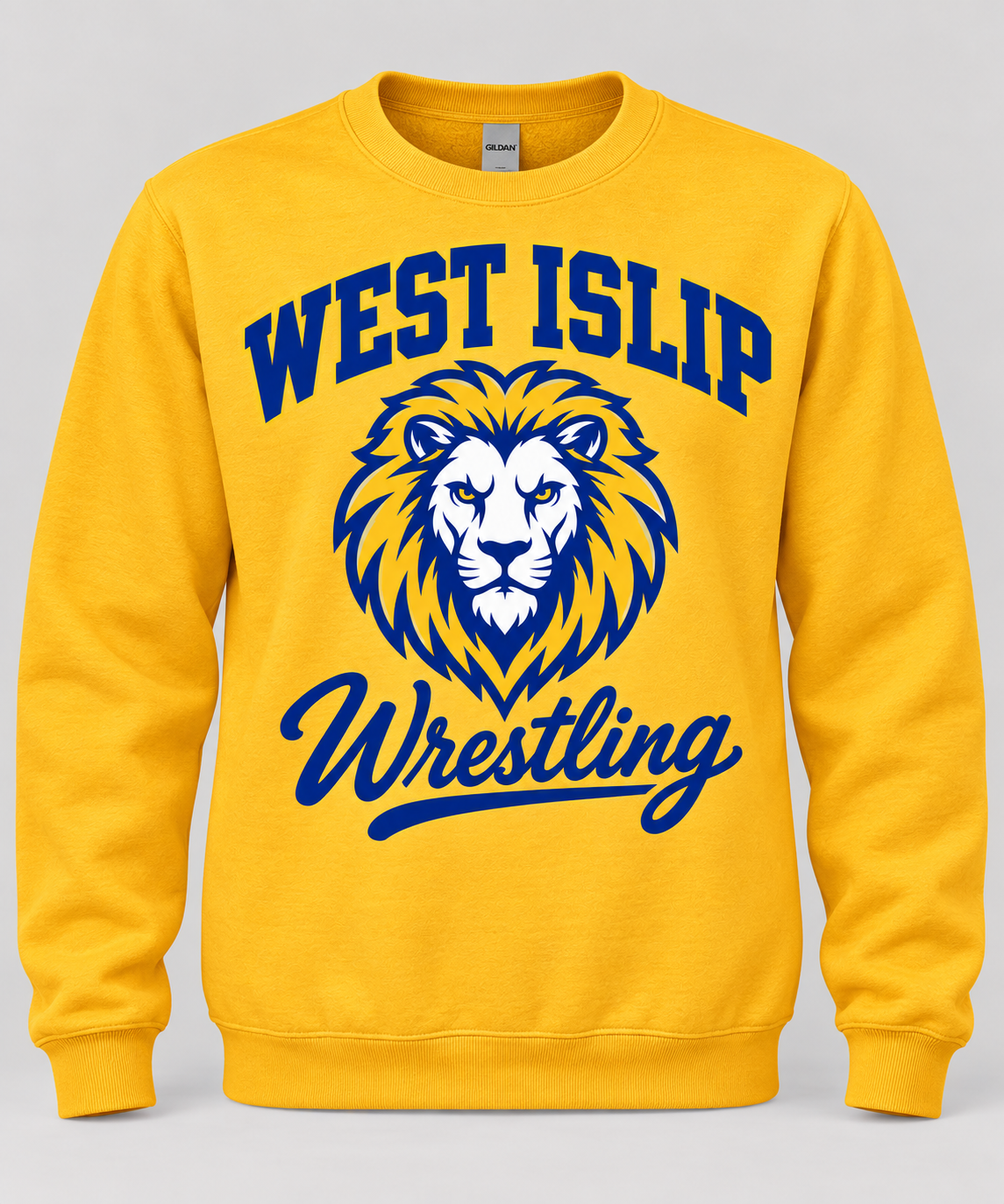 West Islip Wrestling Lion Crest Gold Crewneck Sweatshirt in Gold