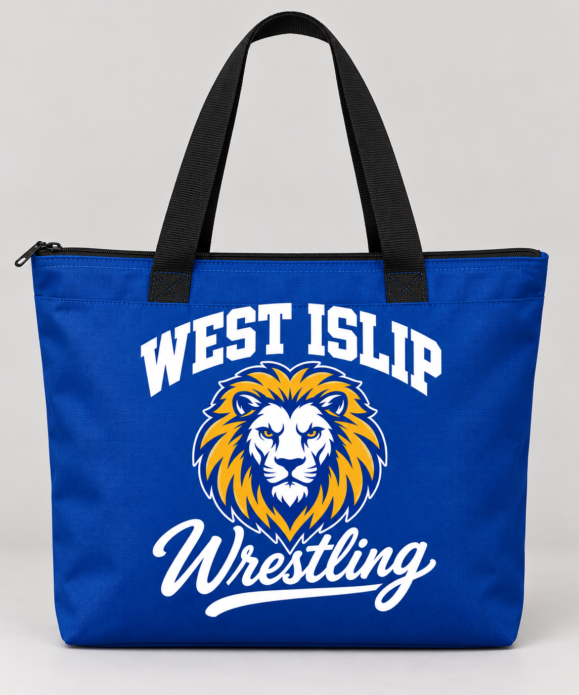 West Islip Wrestling Lion Crest Zippered Tote Bag in Royal Blue