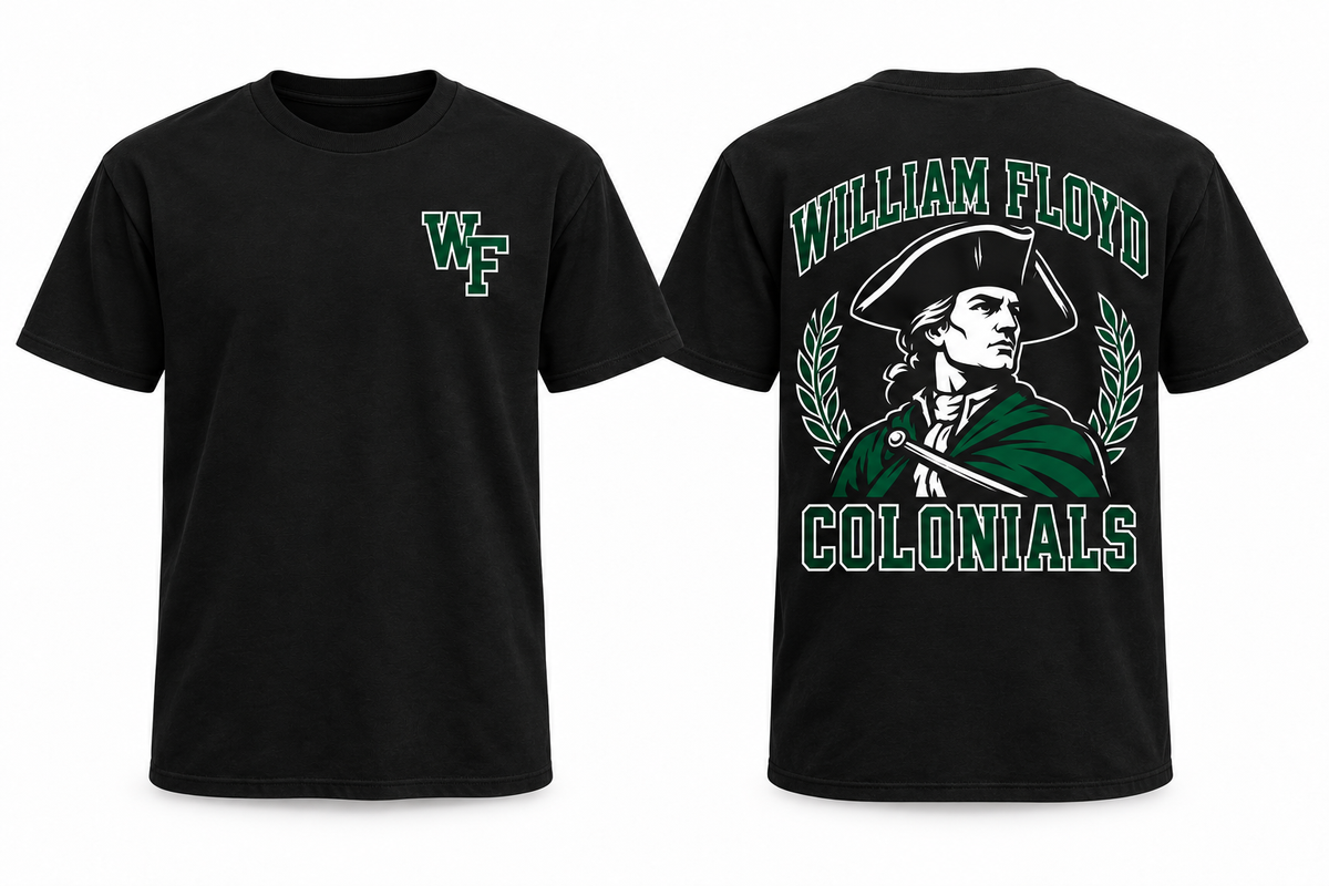 William Floyd Colonials black varsity tee front and back mockup