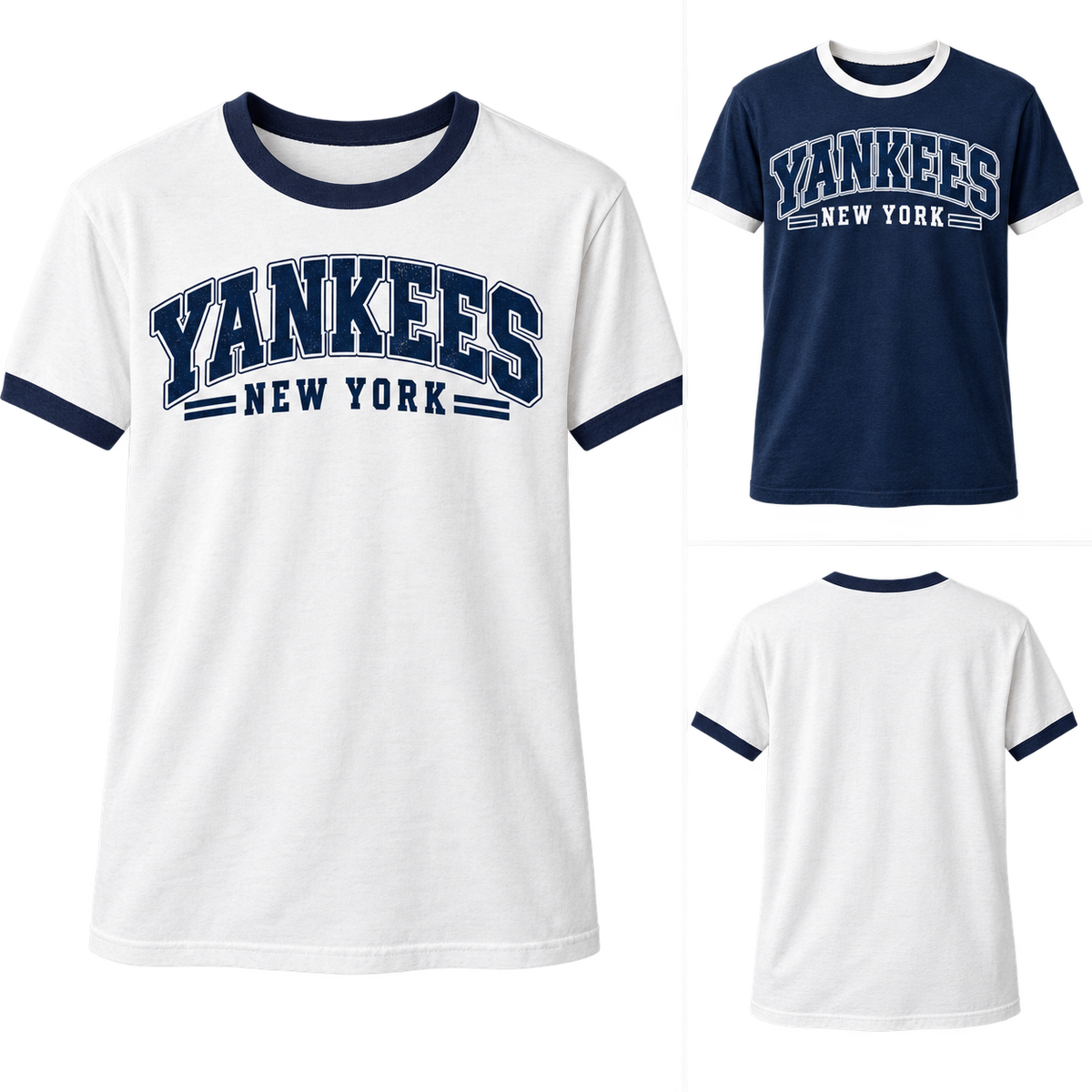 New York Yankees 80s Varsity Ringer T-Shirt, White / Navy and Navy / White colorways with plain back view