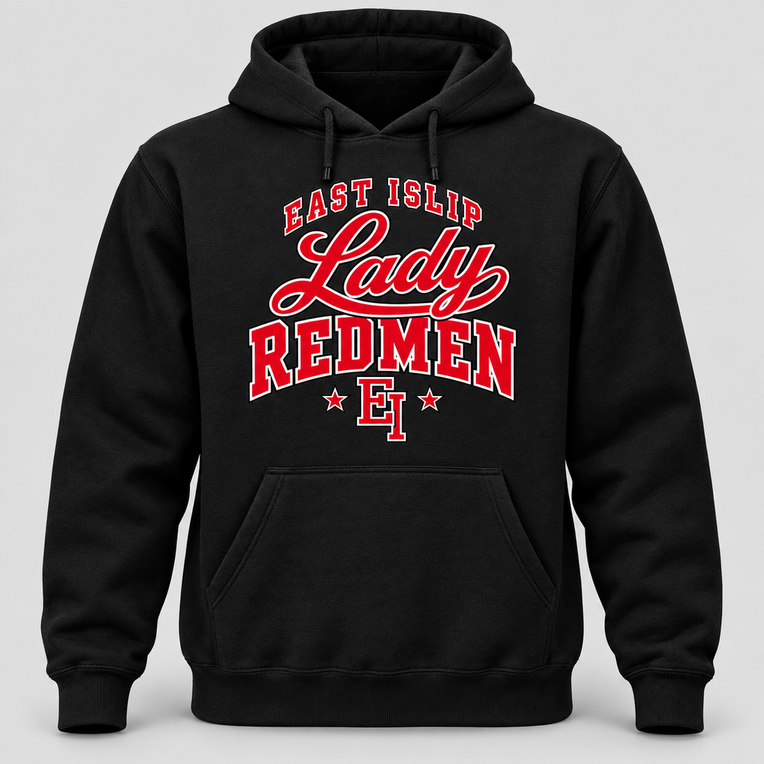 East Islip Lady Redmen black pullover hoodie