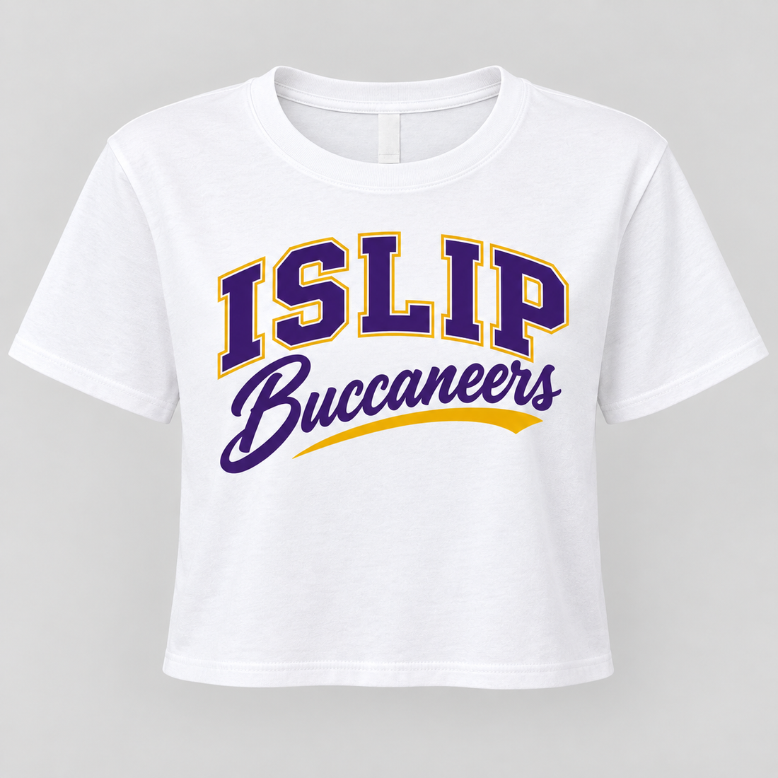 Islip Buccaneers women's white cotton crop tee with purple and gold lettering