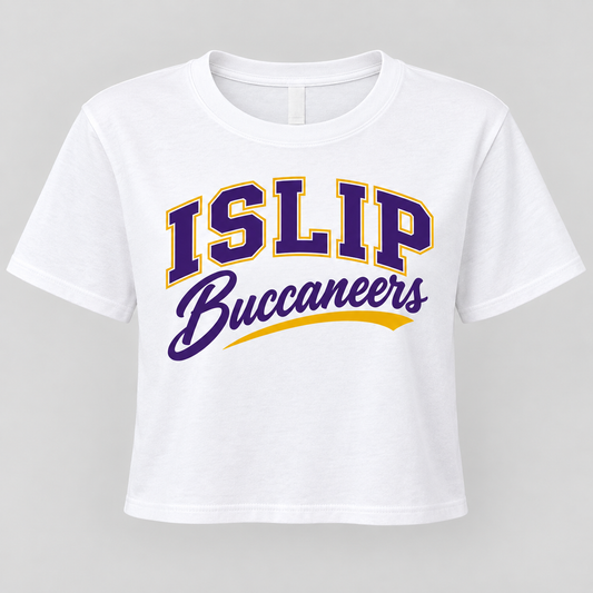 Islip Buccaneers women's white cotton crop tee with purple and gold lettering