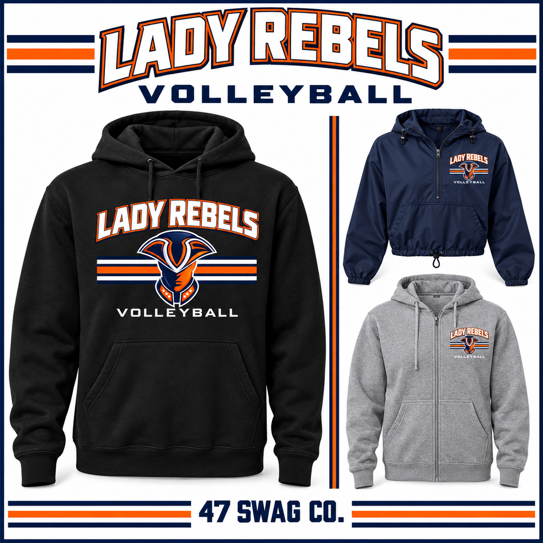 Lady Rebels volleyball hoodies and windbreakers with navy, orange and white mascot graphics