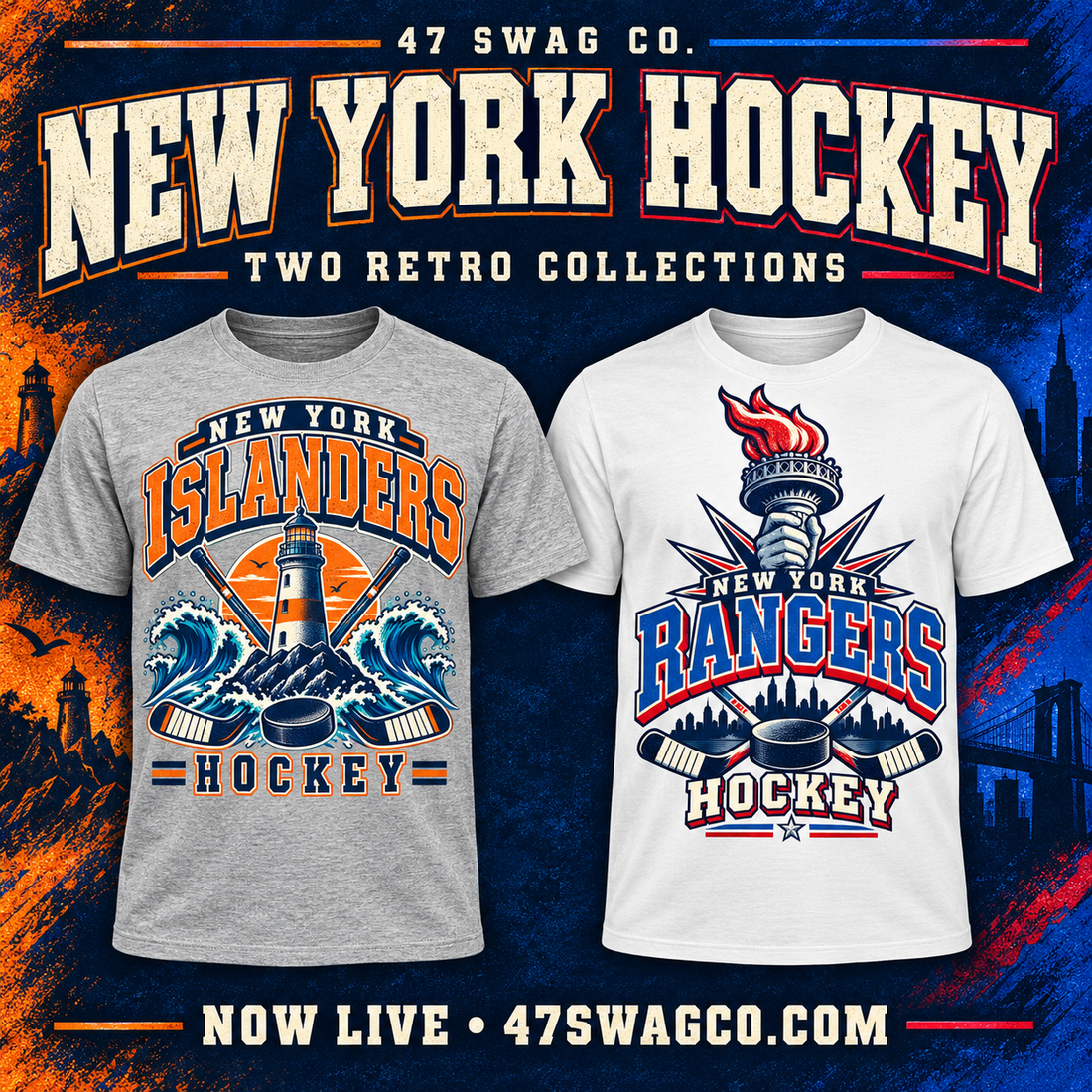 New York Islanders Coastal Retro and New York Rangers Torch Retro collections at 47 Swag Co