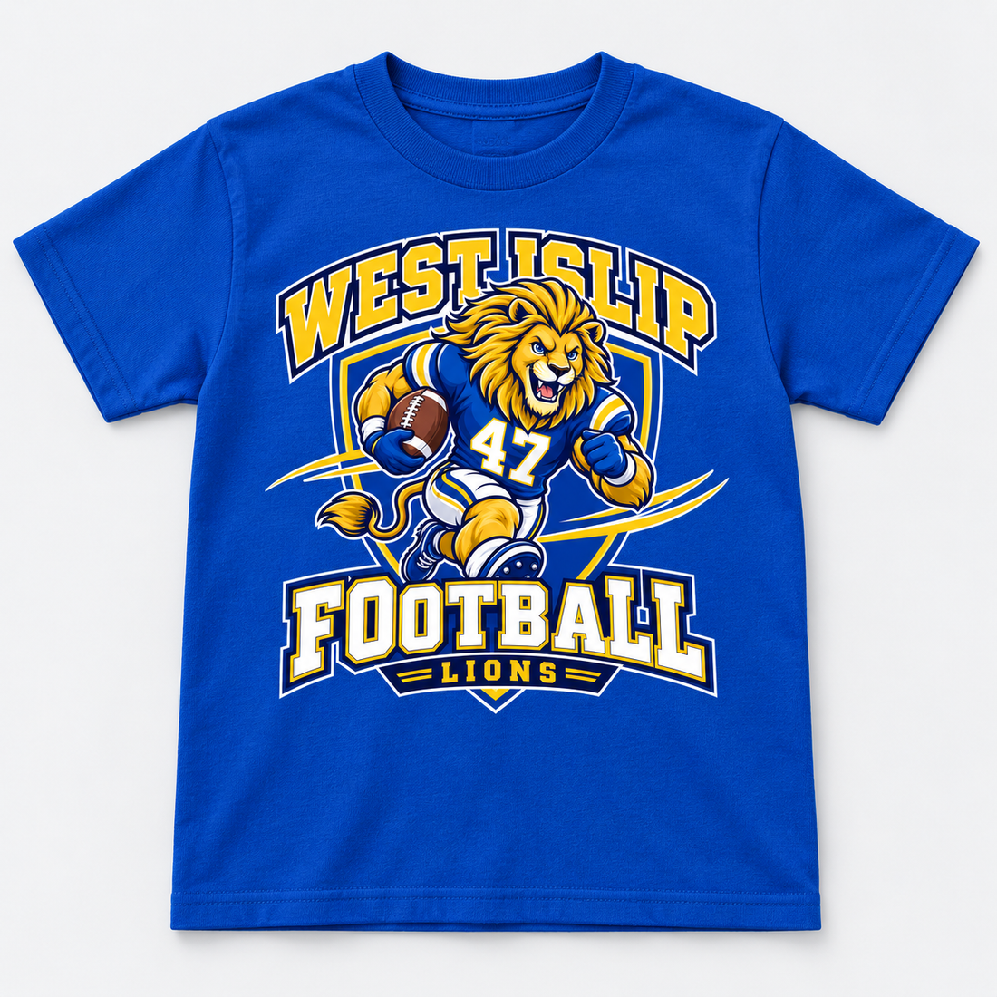 West Islip Lions Football Sport Mode Youth Tee in Royal with front football lion artwork